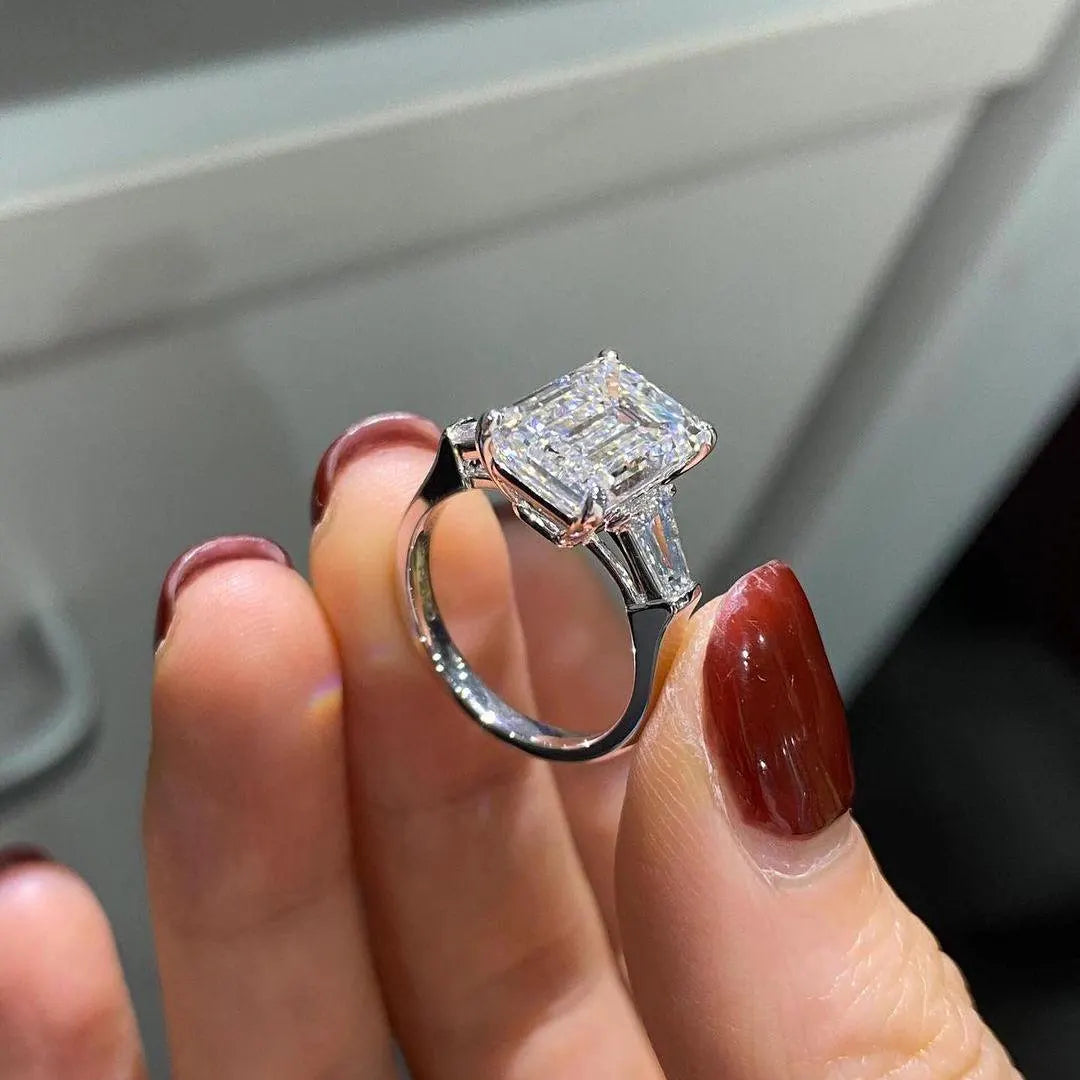 Emerald 5.50tcw Lab Diamond Three Stone Cathedral Ring | IGI Certified | D-E-F | VVS–VS