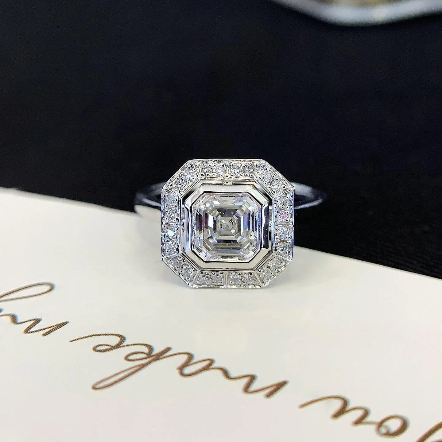 2.00tcw Asscher Lab Grown Diamond Engagement Ring | Bezel Halo | IGI Certified | Cathedral Style