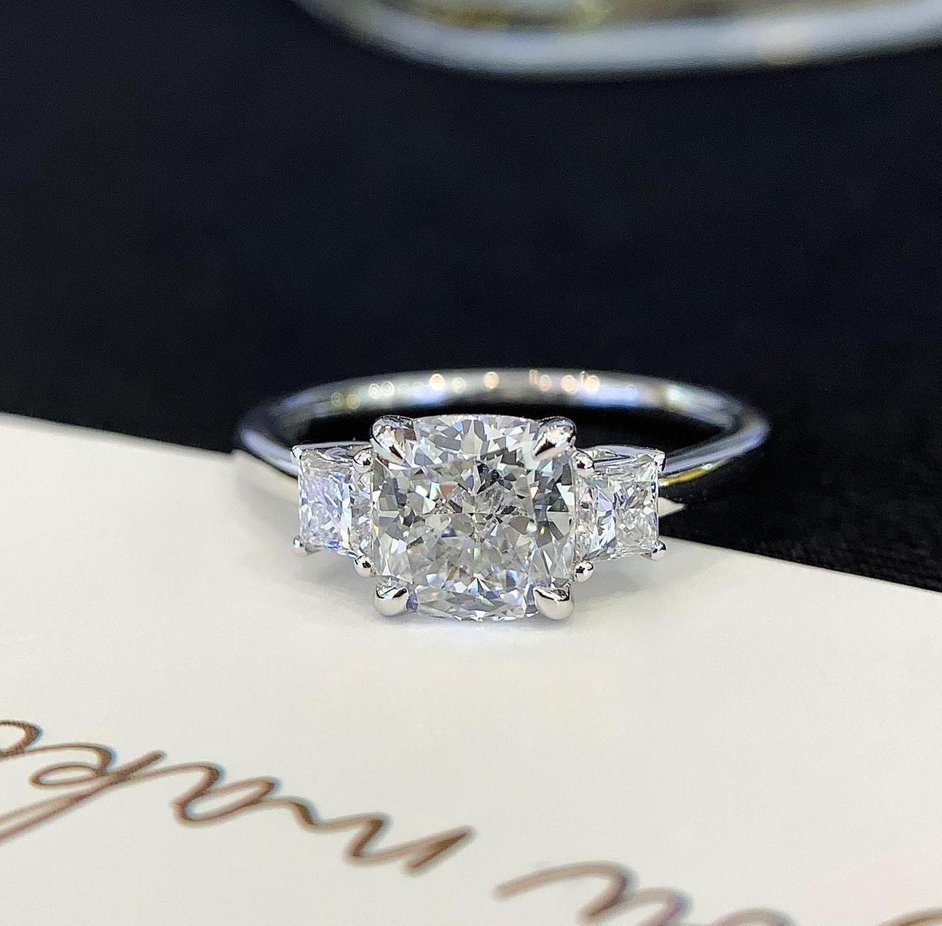 Cushion 2.50tcw Lab Diamond Three Stone Ring with Princess Sides | IGI Certified | D-E-F | VVS–VS