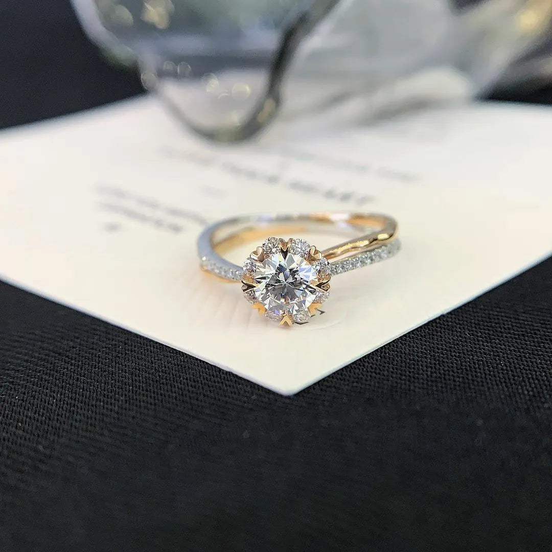 0.85tcw Round Lab Diamond Engagement Ring | Double Wave Band | IGI Certified | Two-Tone Gold