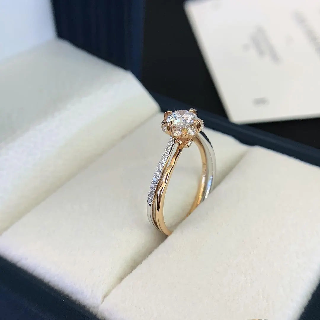 0.85tcw Round Lab Diamond Engagement Ring | Double Wave Band | IGI Certified | Two-Tone Gold