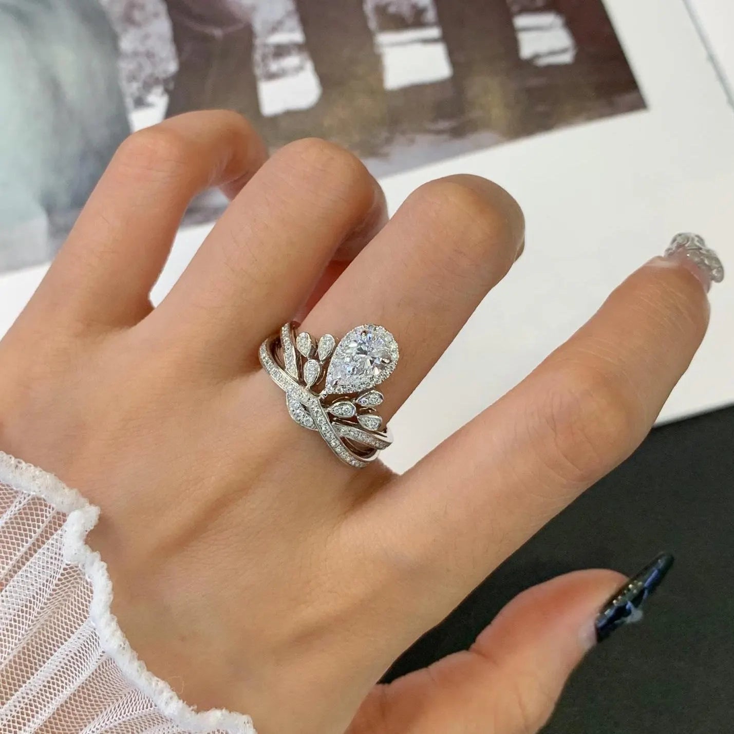 3.50tcw Pear Lab Grown Diamond Engagement Ring | Halo & Side Stones | Unique Gold Design | IGI Certified | DEF Color | VVS Clarity