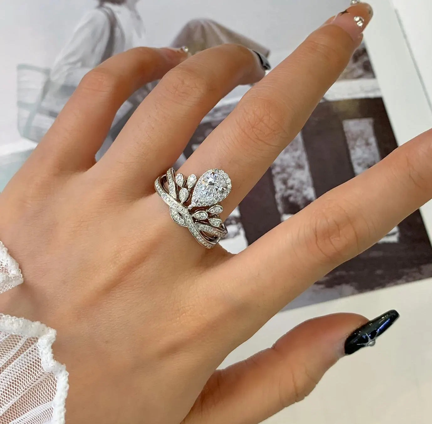 3.50tcw Pear Lab Grown Diamond Engagement Ring | Halo & Side Stones | Unique Gold Design | IGI Certified | DEF Color | VVS Clarity