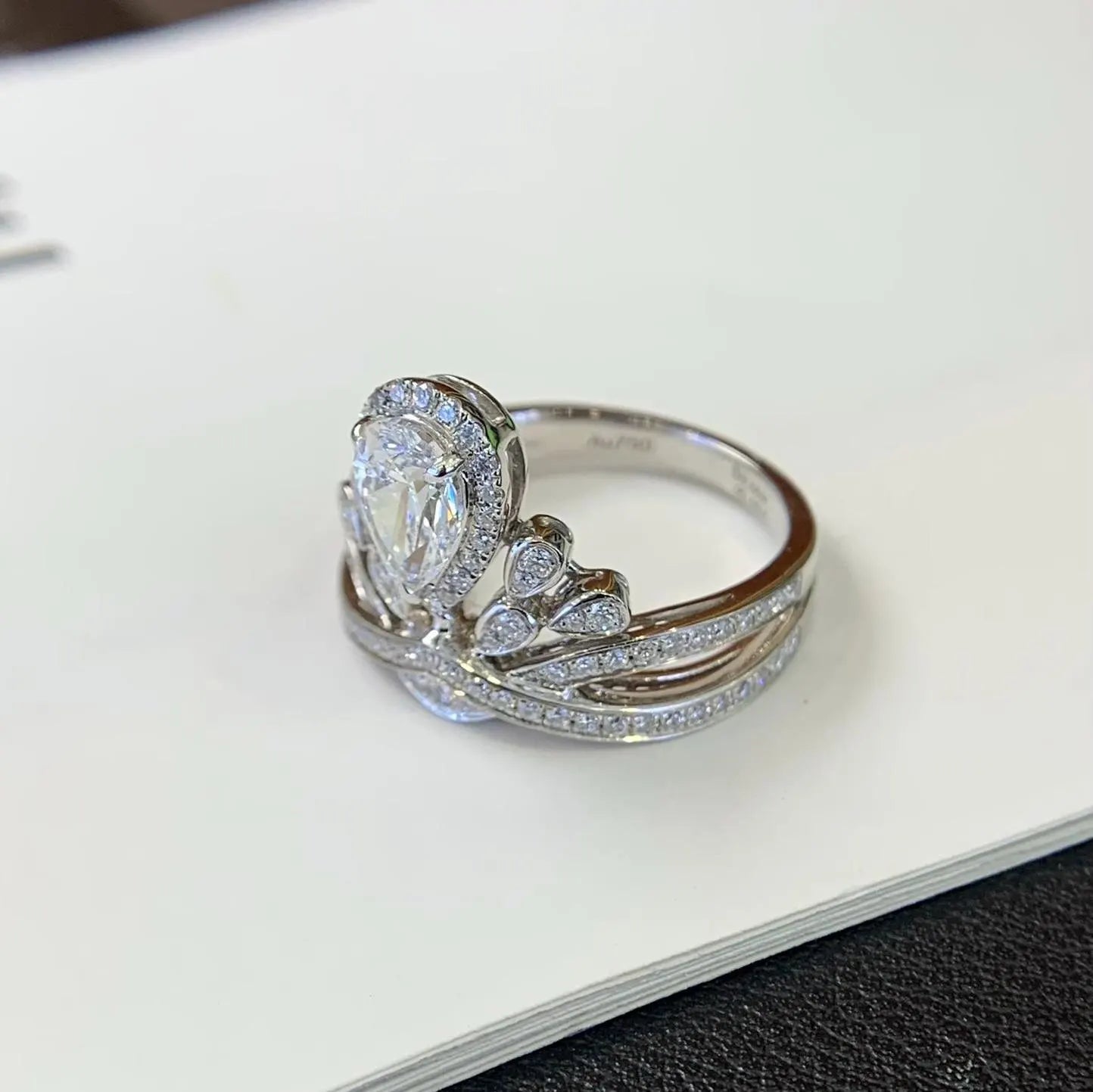 3.50tcw Pear Lab Grown Diamond Engagement Ring | Halo & Side Stones | Unique Gold Design | IGI Certified | DEF Color | VVS Clarity