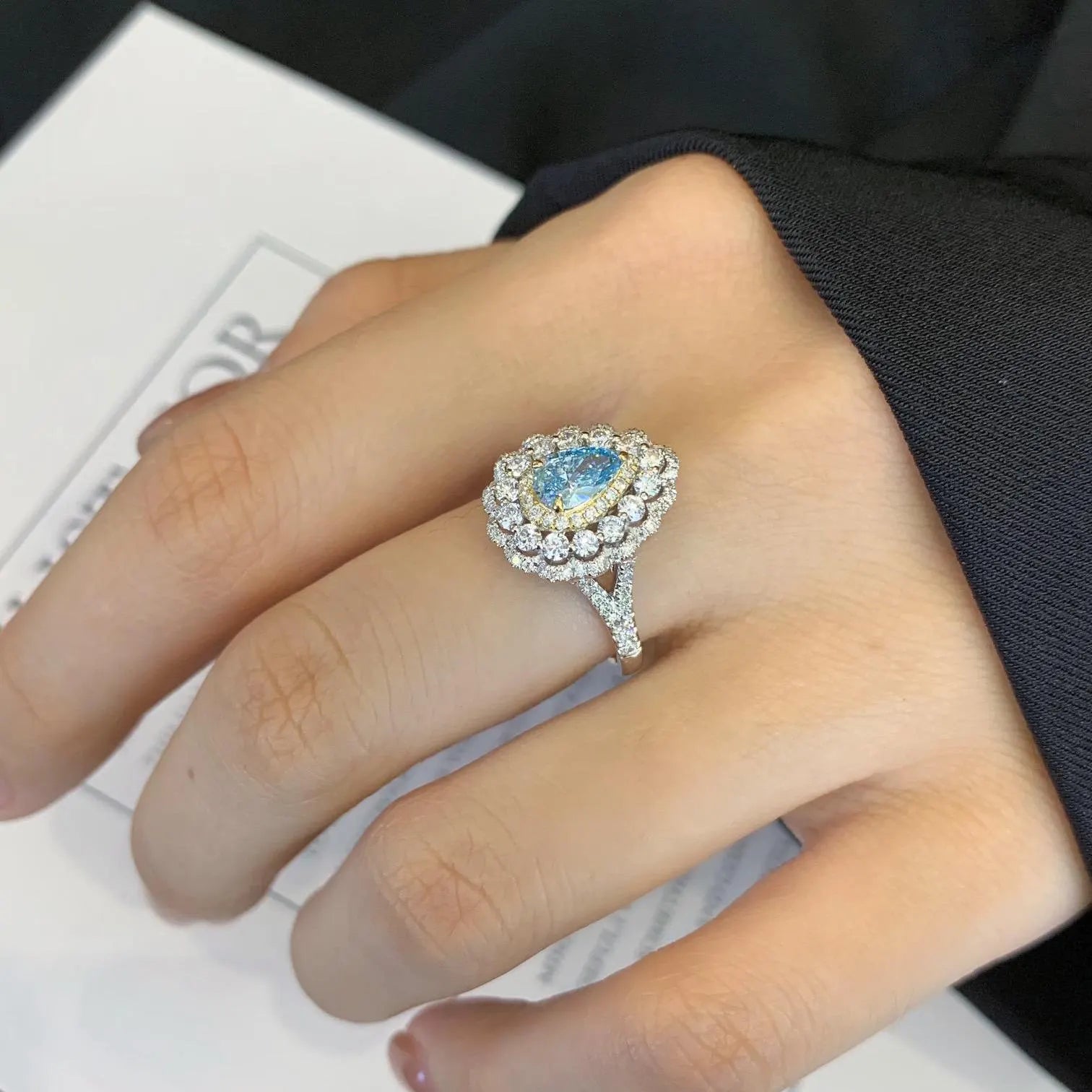 Fancy Pear 3.20tcw Lab Grown Diamond Triple Halo Cathedral Shank Engagement Ring, VVS-VS Clarity - IGI Certified