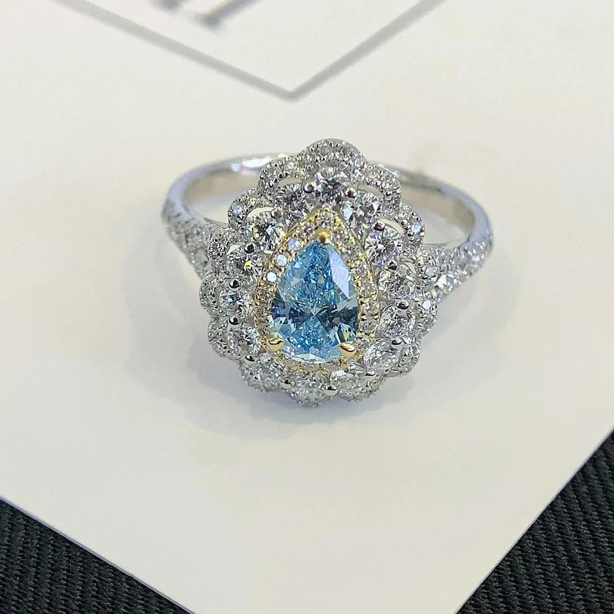 Fancy Pear 3.20tcw Lab Grown Diamond Triple Halo Cathedral Shank Engagement Ring, VVS-VS Clarity - IGI Certified