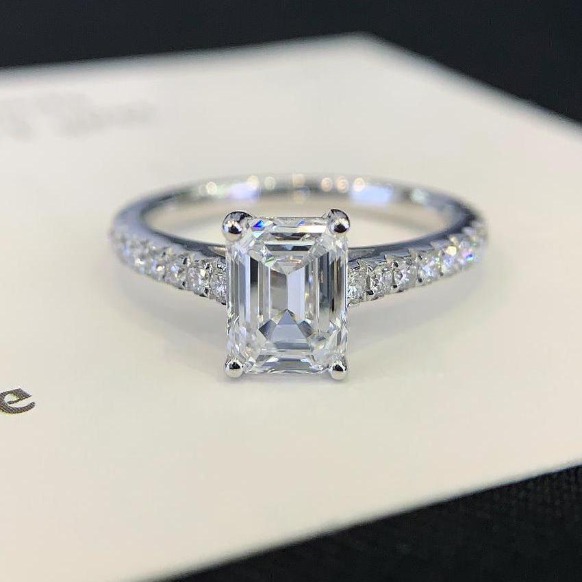 1.80tcw Emerald Lab Diamond Engagement Ring | White Gold Solitaire Pave Setting