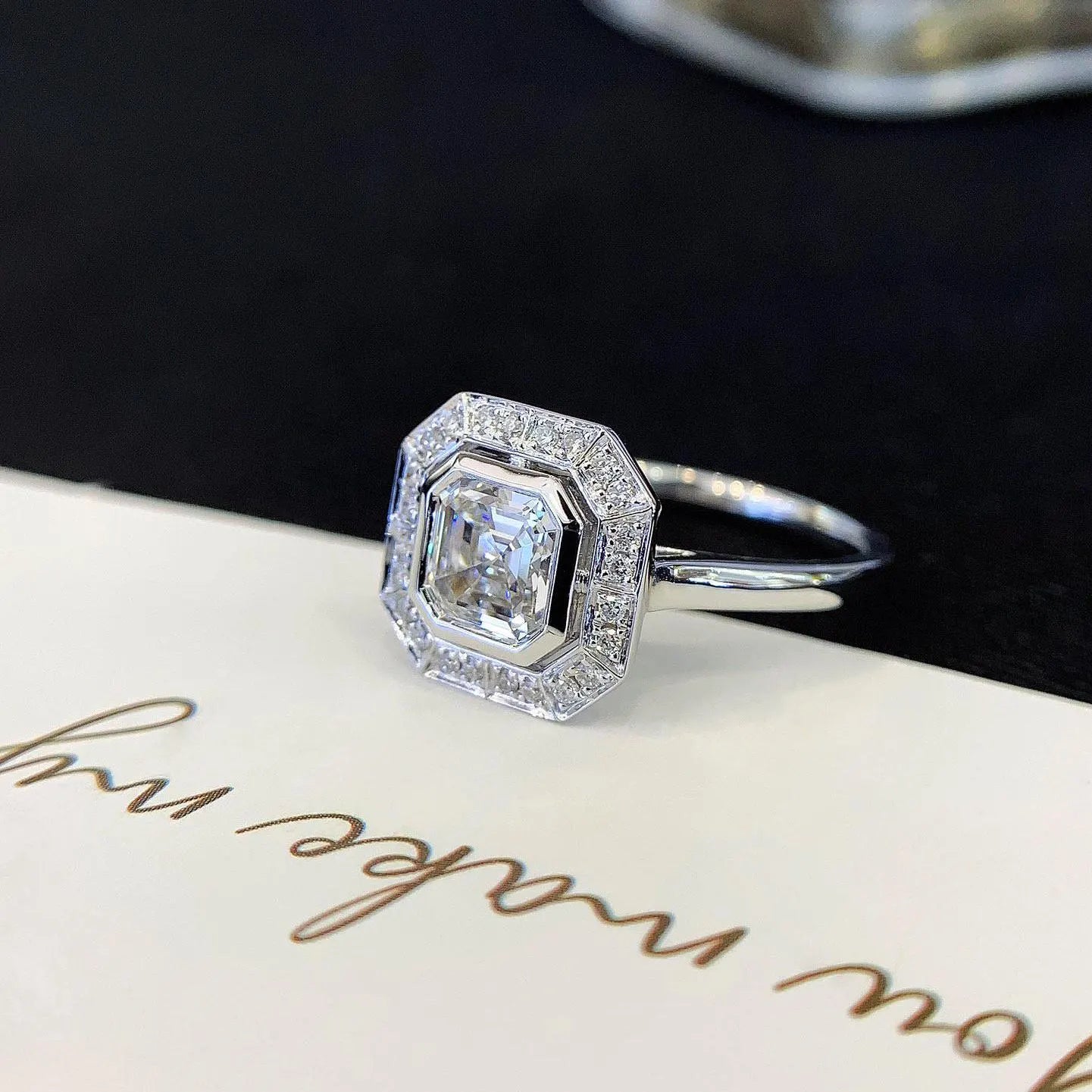 2.00tcw Asscher Lab Grown Diamond Engagement Ring | Bezel Halo | IGI Certified | Cathedral Style