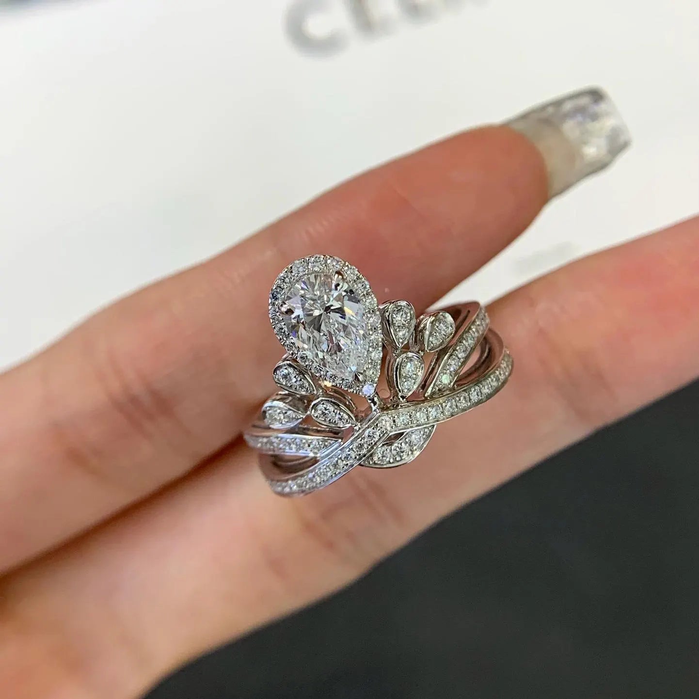 3.50tcw Pear Lab Grown Diamond Engagement Ring | Halo & Side Stones | Unique Gold Design | IGI Certified | DEF Color | VVS Clarity