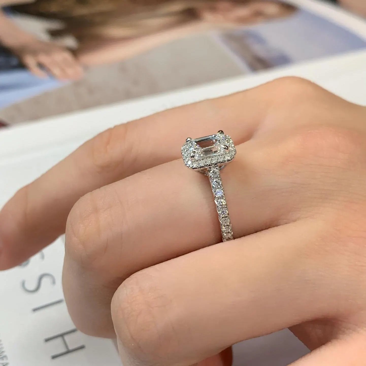 1.60tcw Emerald Lab Grown Diamond Engagement Ring | Halo & Pavé | IGI Certified | Custom Gold