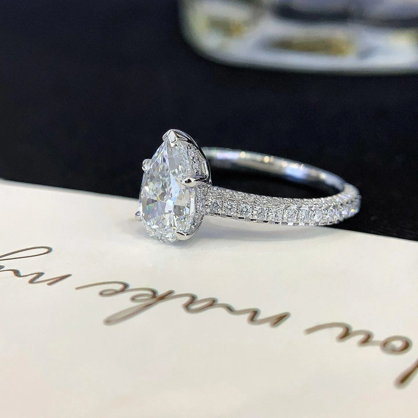 2.80tcw Pear Lab Grown Diamond Pavé Engagement Ring | 5-Prong Solitaire | IGI Certified