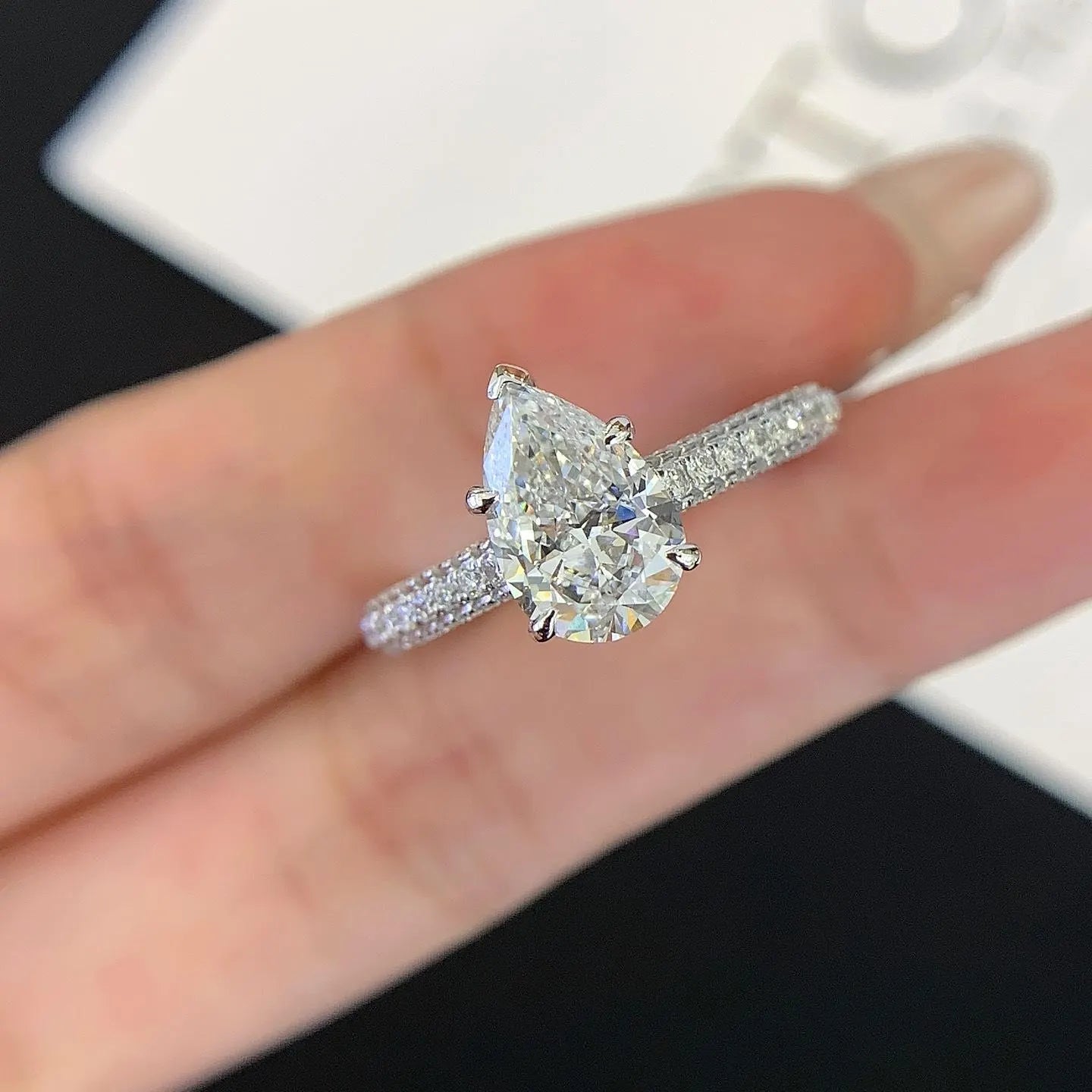 2.80tcw Pear Lab Grown Diamond Pavé Engagement Ring | 5-Prong Solitaire | IGI Certified