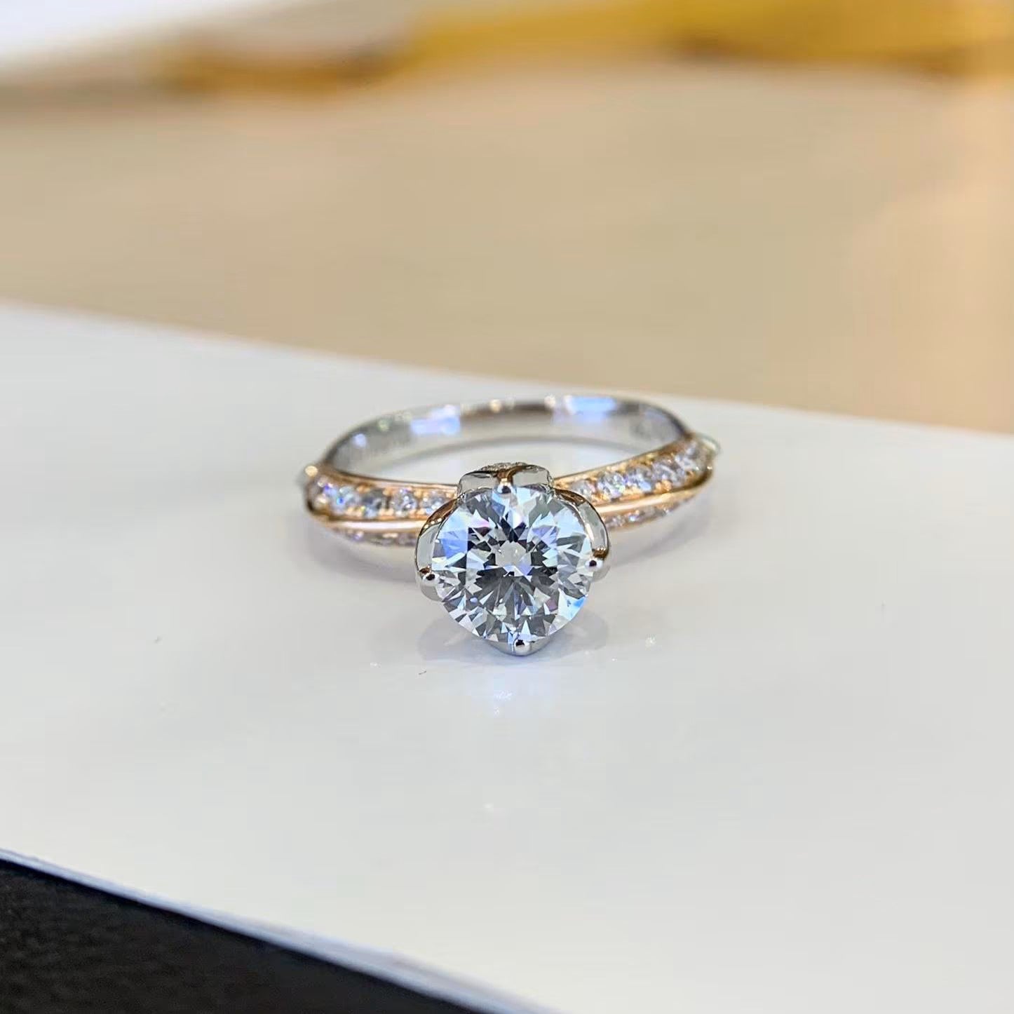 1.50tcw Round Lab Diamond Ring | Unique 4-Prong Engagement | IGI Certified | Two-Tone Gold