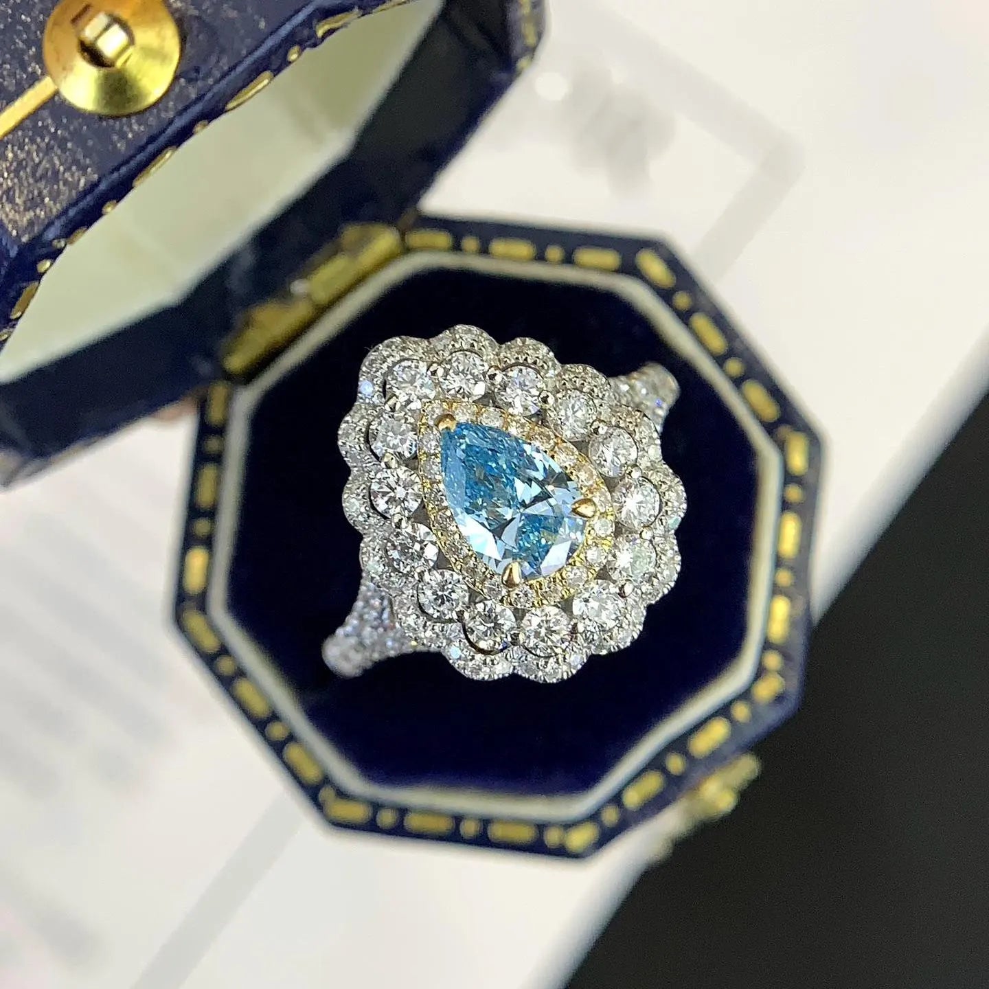 Fancy Pear 3.20tcw Lab Grown Diamond Triple Halo Cathedral Shank Engagement Ring, VVS-VS Clarity - IGI Certified