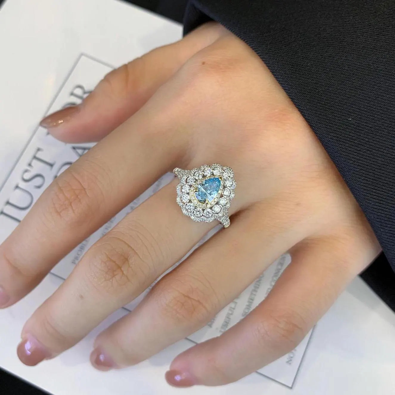 Fancy Pear 3.20tcw Lab Grown Diamond Triple Halo Cathedral Shank Engagement Ring, VVS-VS Clarity - IGI Certified