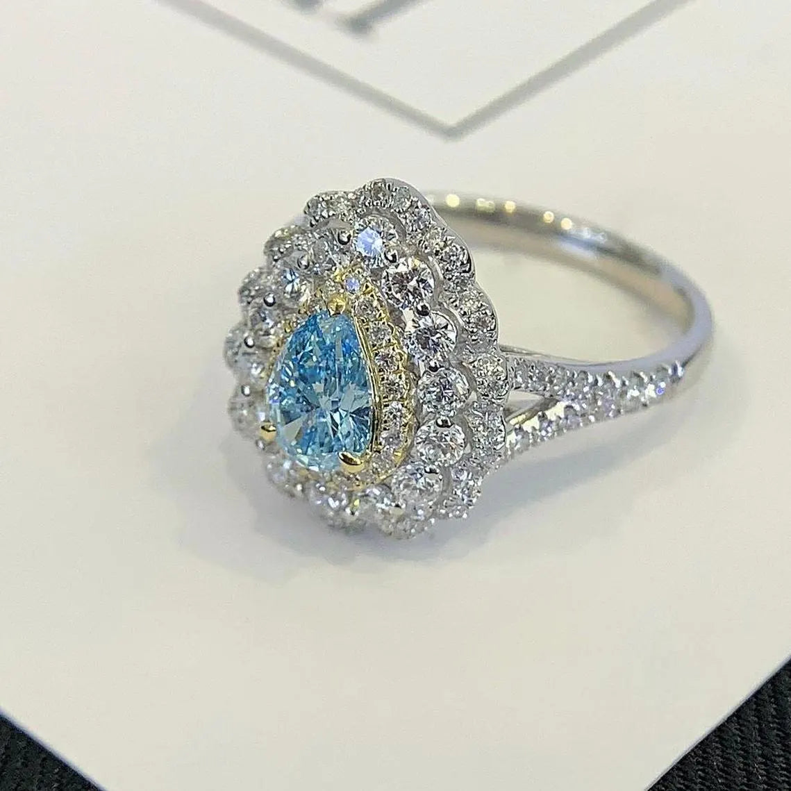 Fancy Pear 3.20tcw Lab Grown Diamond Triple Halo Cathedral Shank Engagement Ring, VVS-VS Clarity - IGI Certified