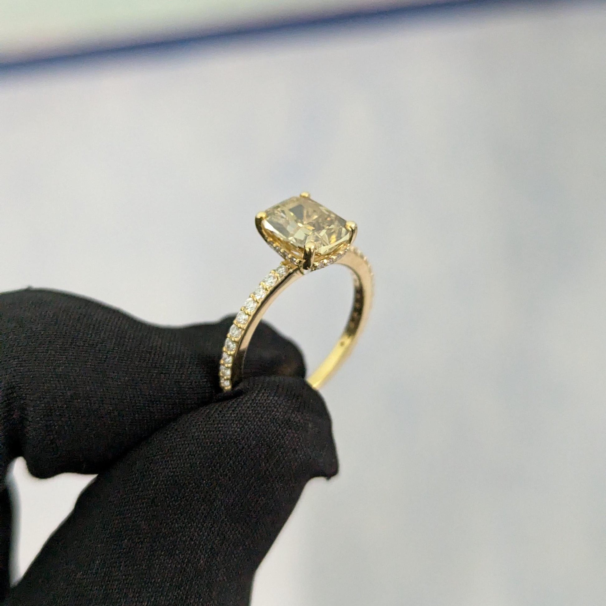 1.85tcw Fancy Cushion Lab Grown Diamond Engagement Ring | Hidden Halo | Fancy Yellow | IGI Certified | VVS–VS Clarity | Yellow Gold