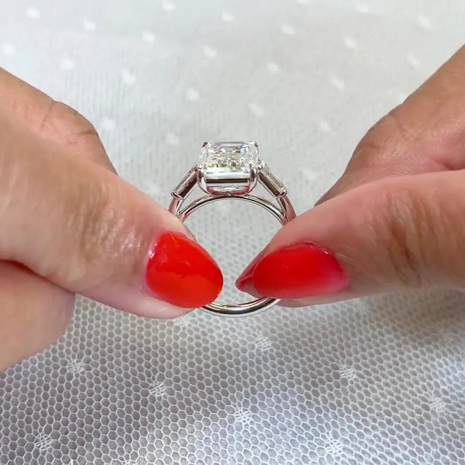 Emerald Cut 4.70tcw Lab-Grown Diamond Engagement Ring | Cathedral Three Stone | IGI Certified