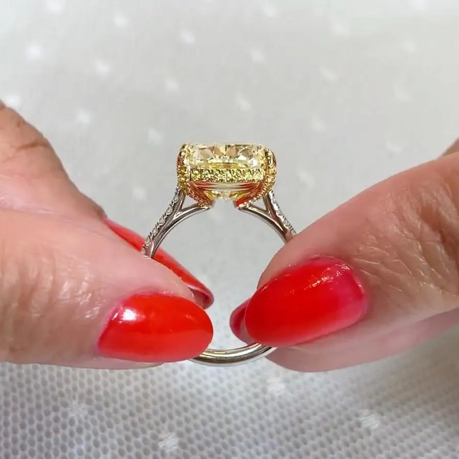 8.00tcw Cushion Fancy Yellow Lab Diamond Ring | IGI Certified | Two-Tone Hidden Halo Setting