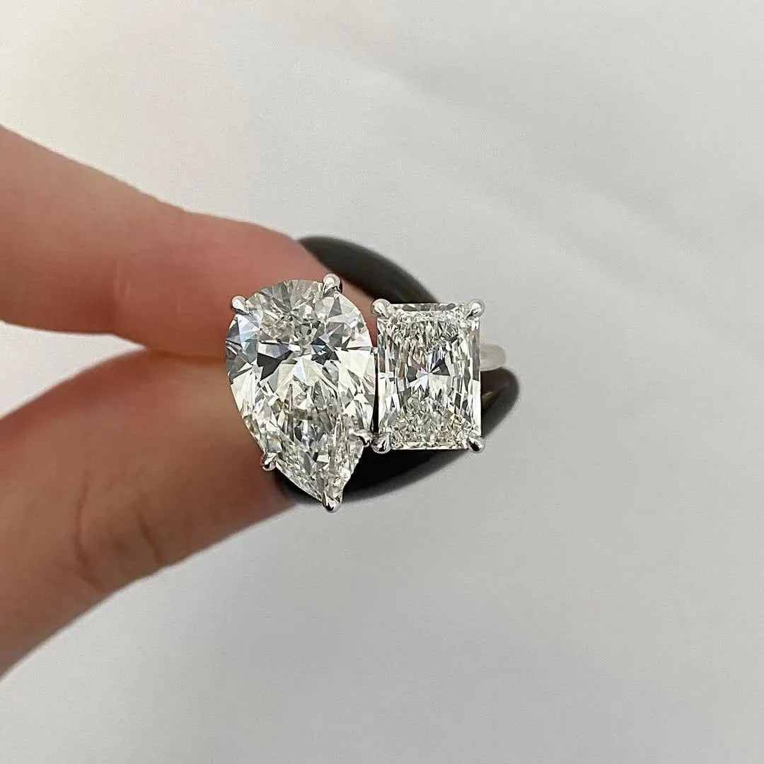 Pear and Radiant 3.70tcw Lab Grown Diamond Toi et Moi Ring – Hidden Halo, D-E-F Color, VVS–VS Clarity, Two Stone Engagement Ring