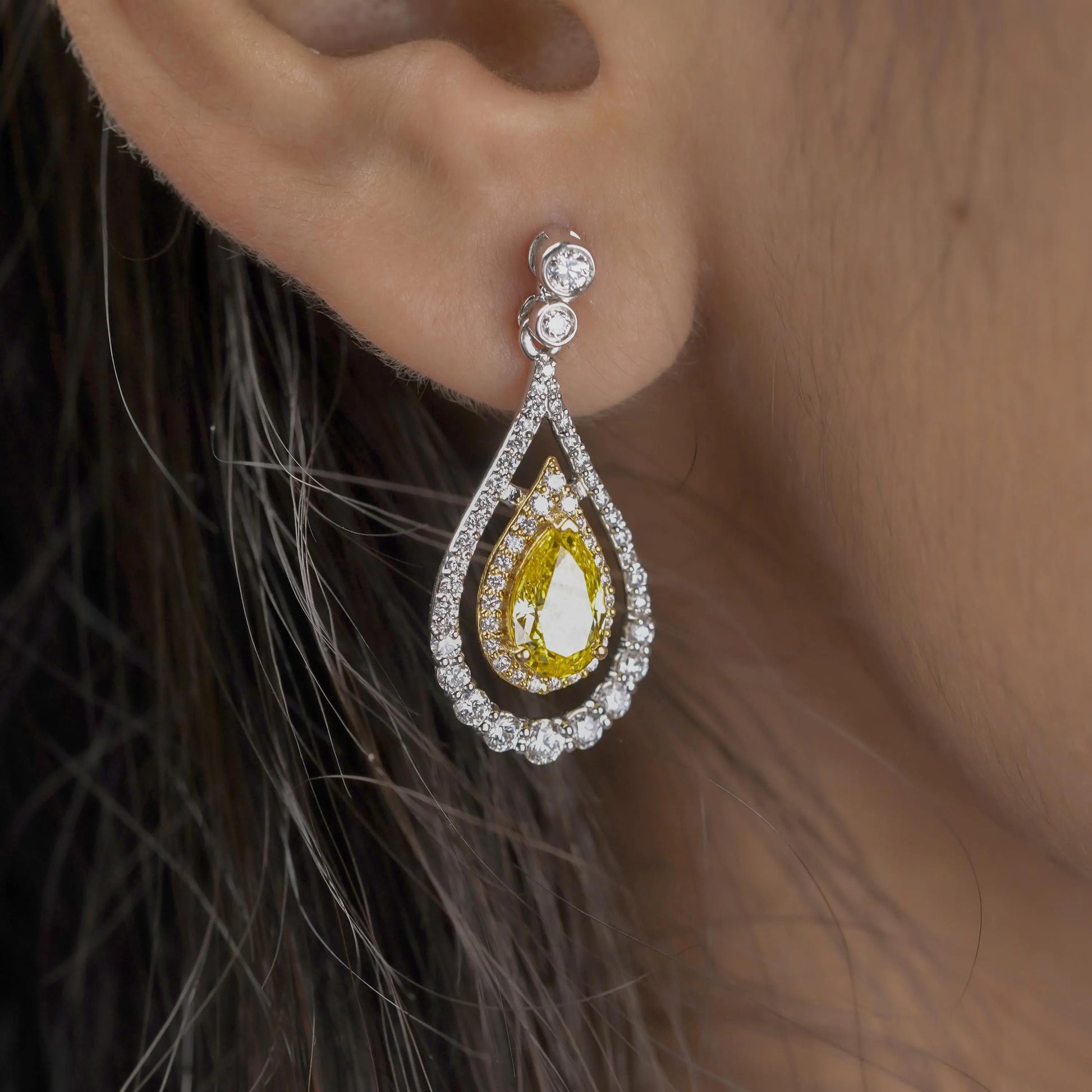Pear-Shaped 3.47tcw Yellow Lab Diamond Double Halo Drop Earrings | IGI Certified