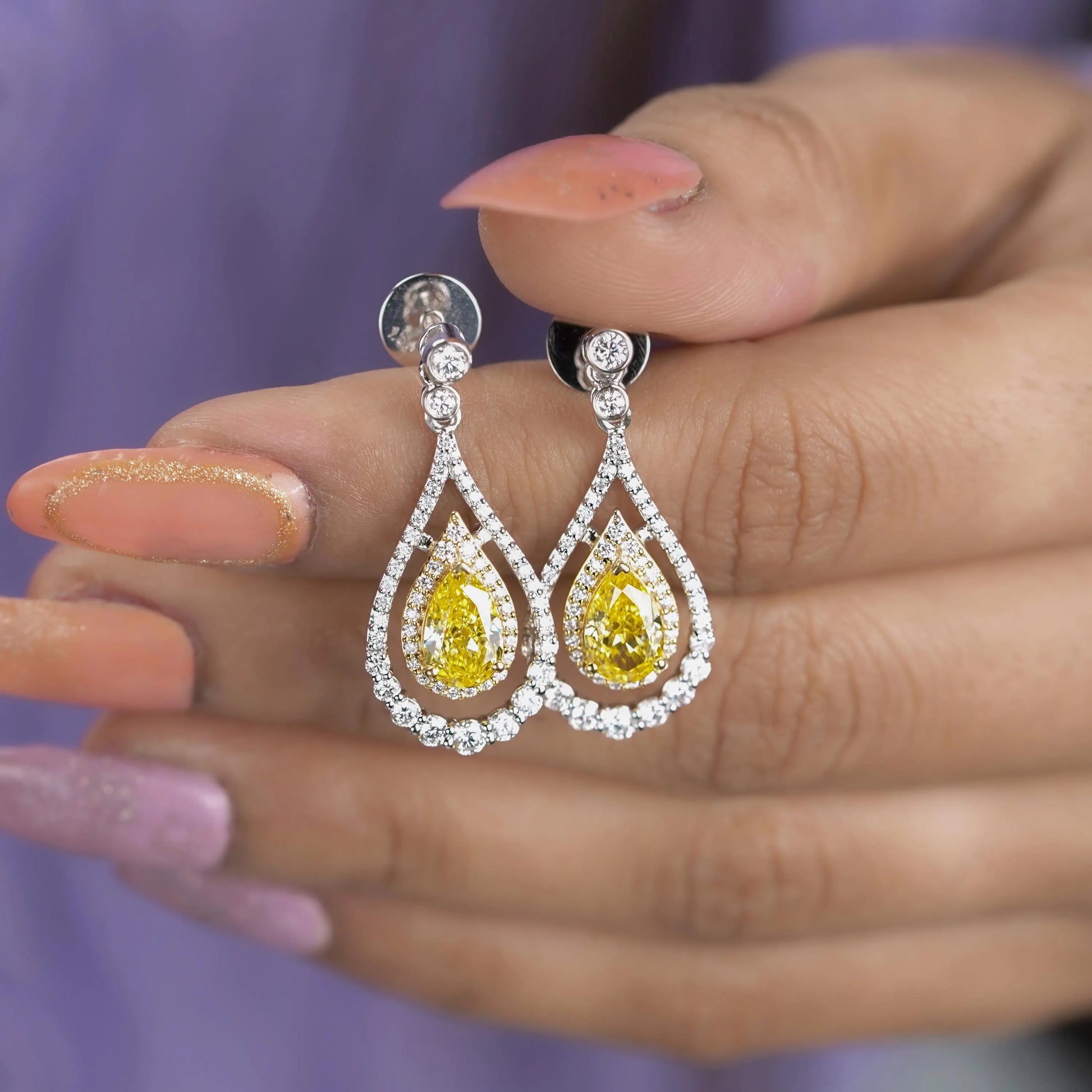 Pear-Shaped 3.47tcw Yellow Lab Diamond Double Halo Drop Earrings | IGI Certified