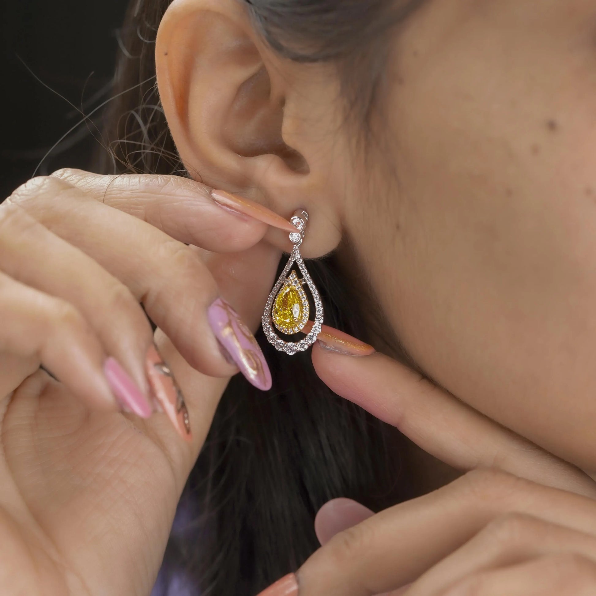 Pear-Shaped 3.47tcw Yellow Lab Diamond Double Halo Drop Earrings | IGI Certified