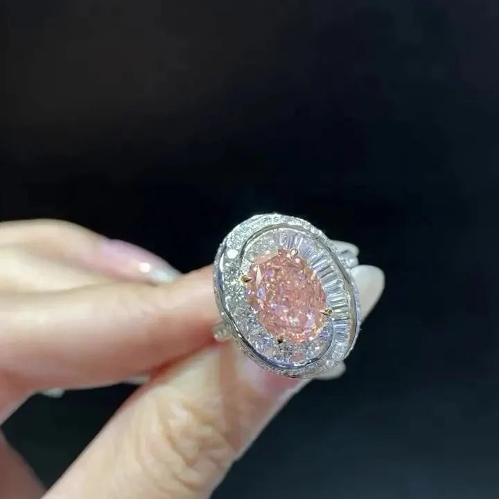 2ct Fancy Pink Oval Lab Diamond Ring | 1.80ct Double Halo Setting | IGI Certified | 3.80tcw