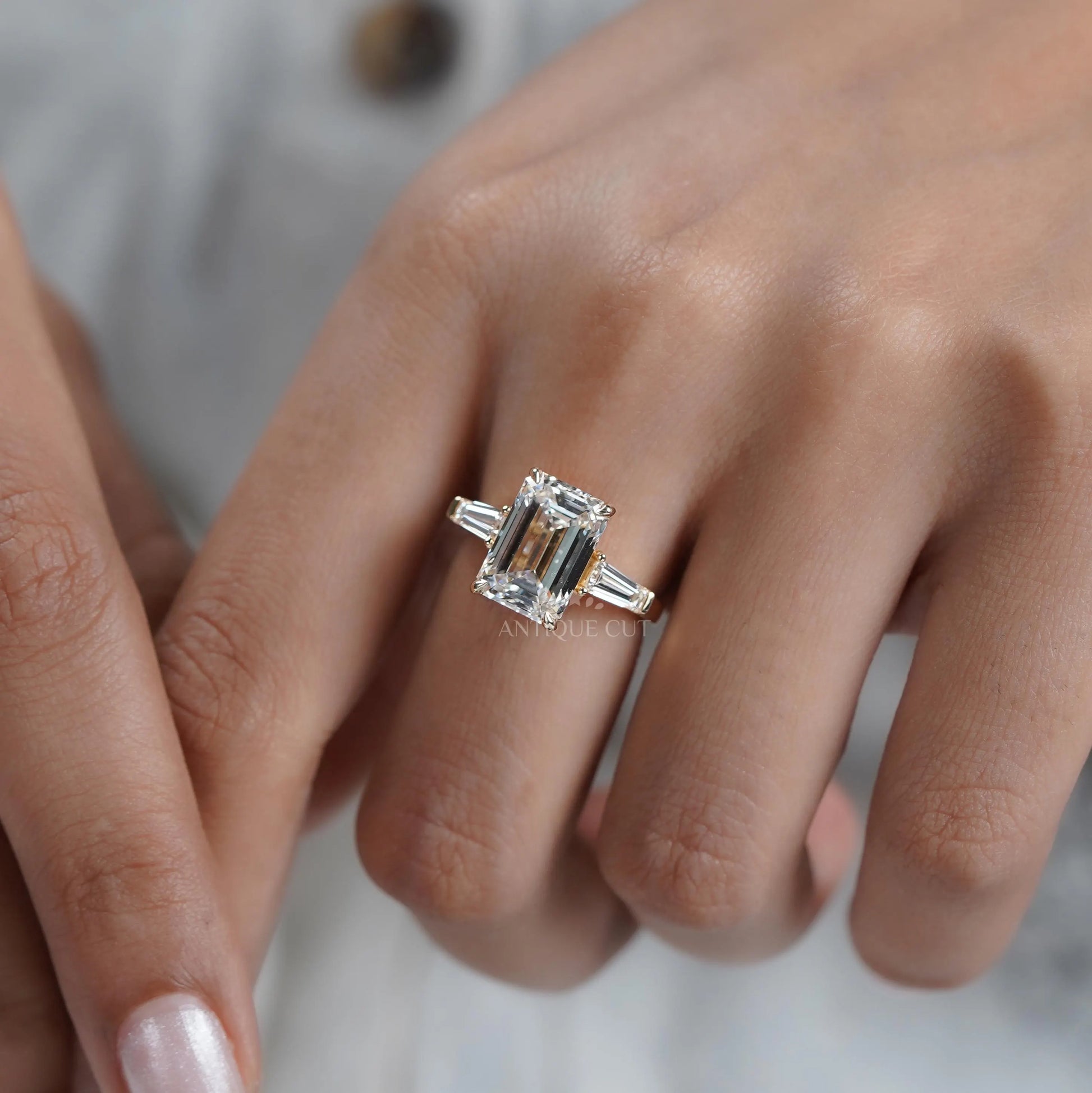 Emerald 5.60tcw Lab Diamond Three Stone Engagement Ring | Tap Baguette Side | IGI Certified