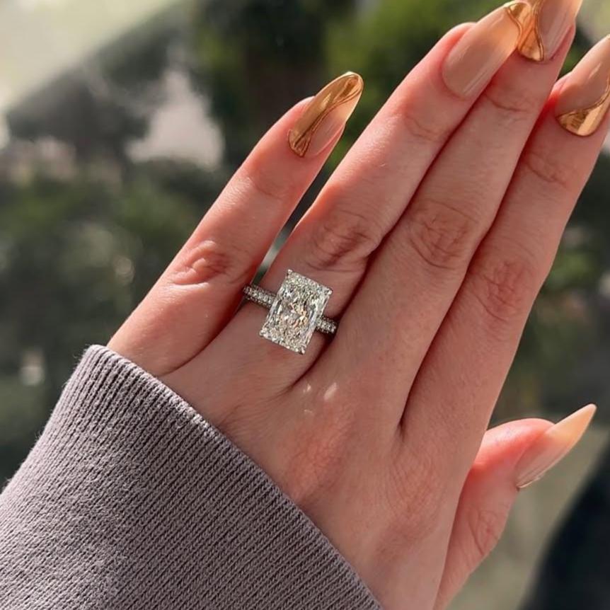 Radiant 7.30tcw Lab Grown Diamond Hidden Halo And Pavé Band Engagement Ring | Cathedral Setting | IGI Certified