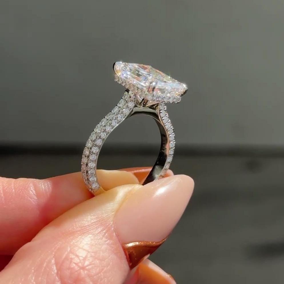 Radiant 7.30tcw Lab Grown Diamond Hidden Halo And Pavé Band Engagement Ring | Cathedral Setting | IGI Certified