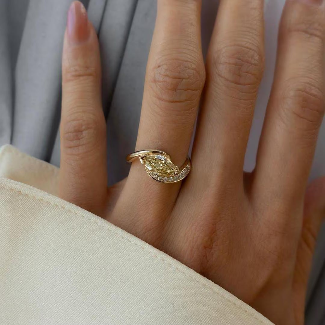 1.50tcw Fancy Yellow Marquise Lab Grown Diamond bypass pavé setting |  Rapture Engagement Ring | IGI Certified