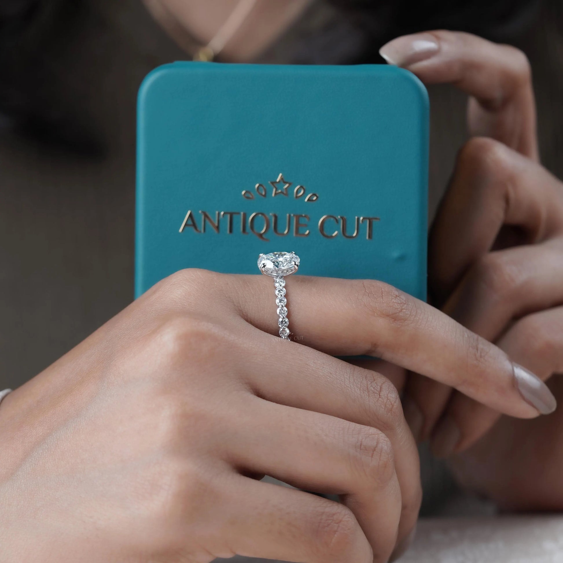 Oval 3.30tcw Lab Grown Diamond Engagement Ring | Hidden Halo & Side Stones | IGI Certified