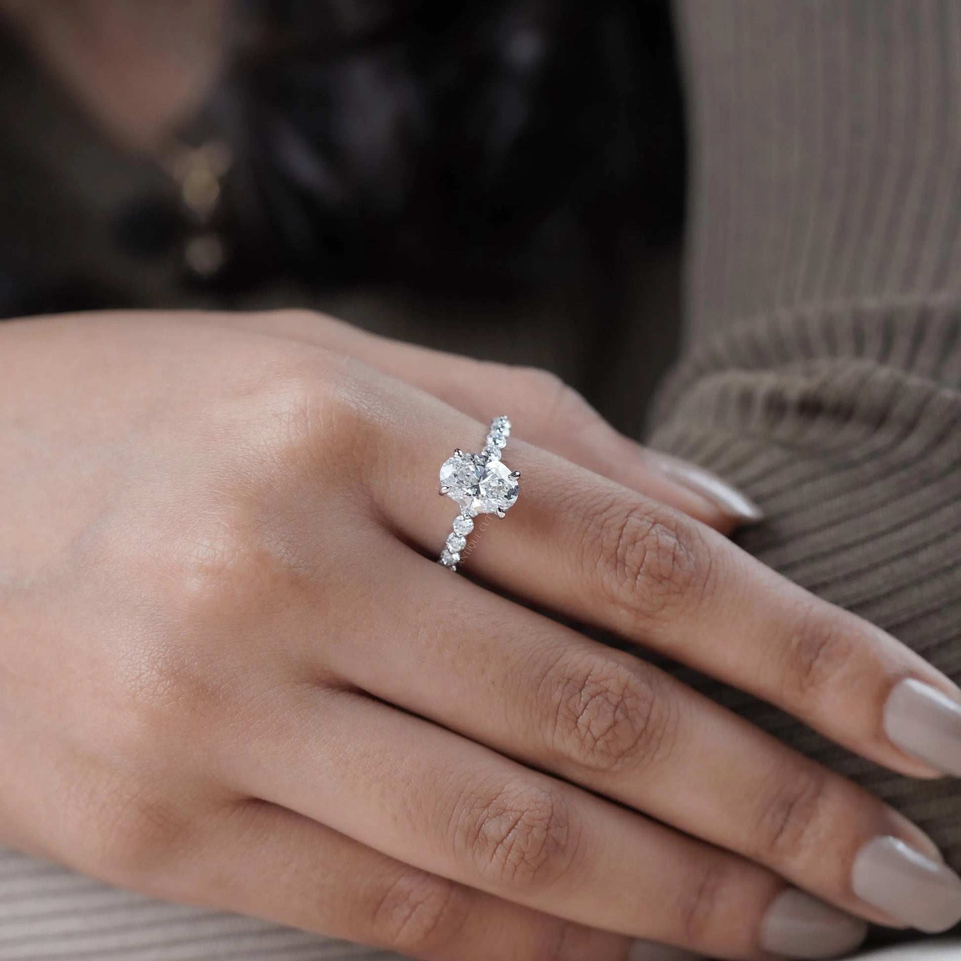 Oval 3.30tcw Lab Grown Diamond Engagement Ring | Hidden Halo & Side Stones | IGI Certified