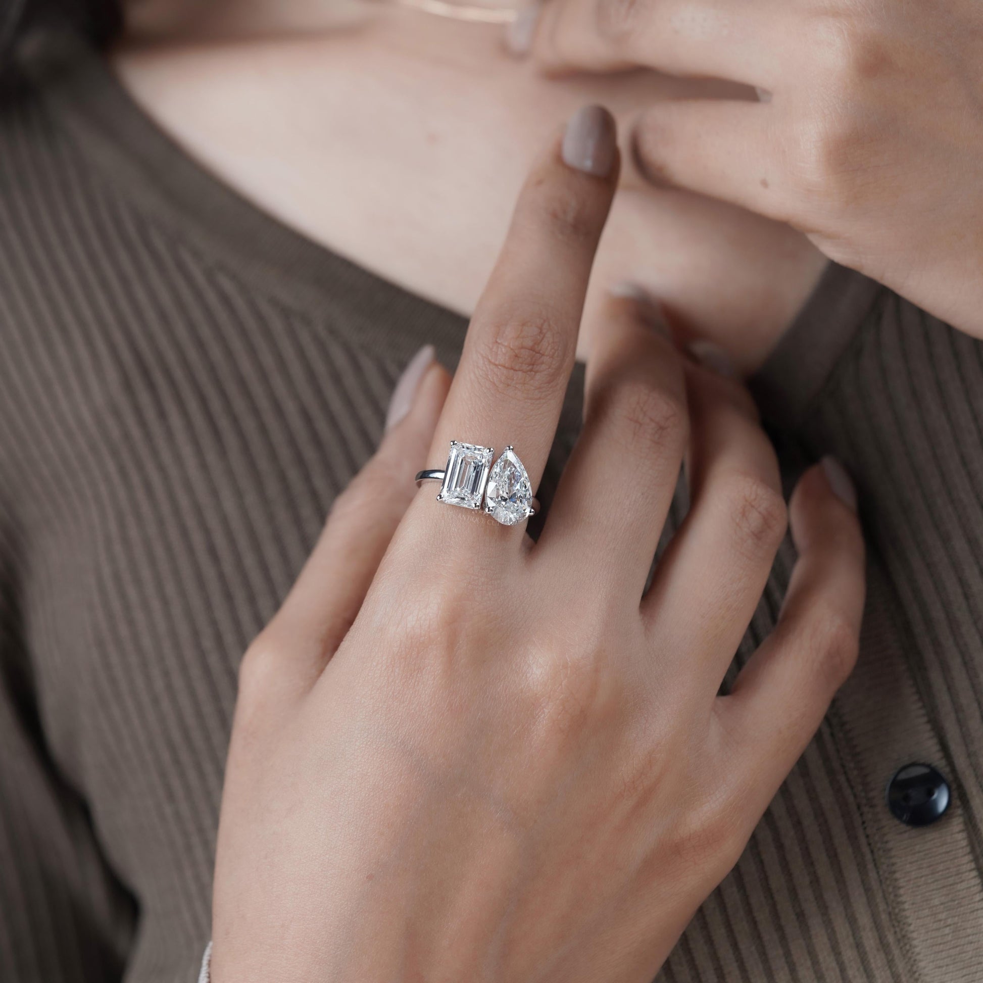 Emerald And Pear 6.00tcw Toi et Moi Lab Grown Diamond Engagement Ring | IGI Certified