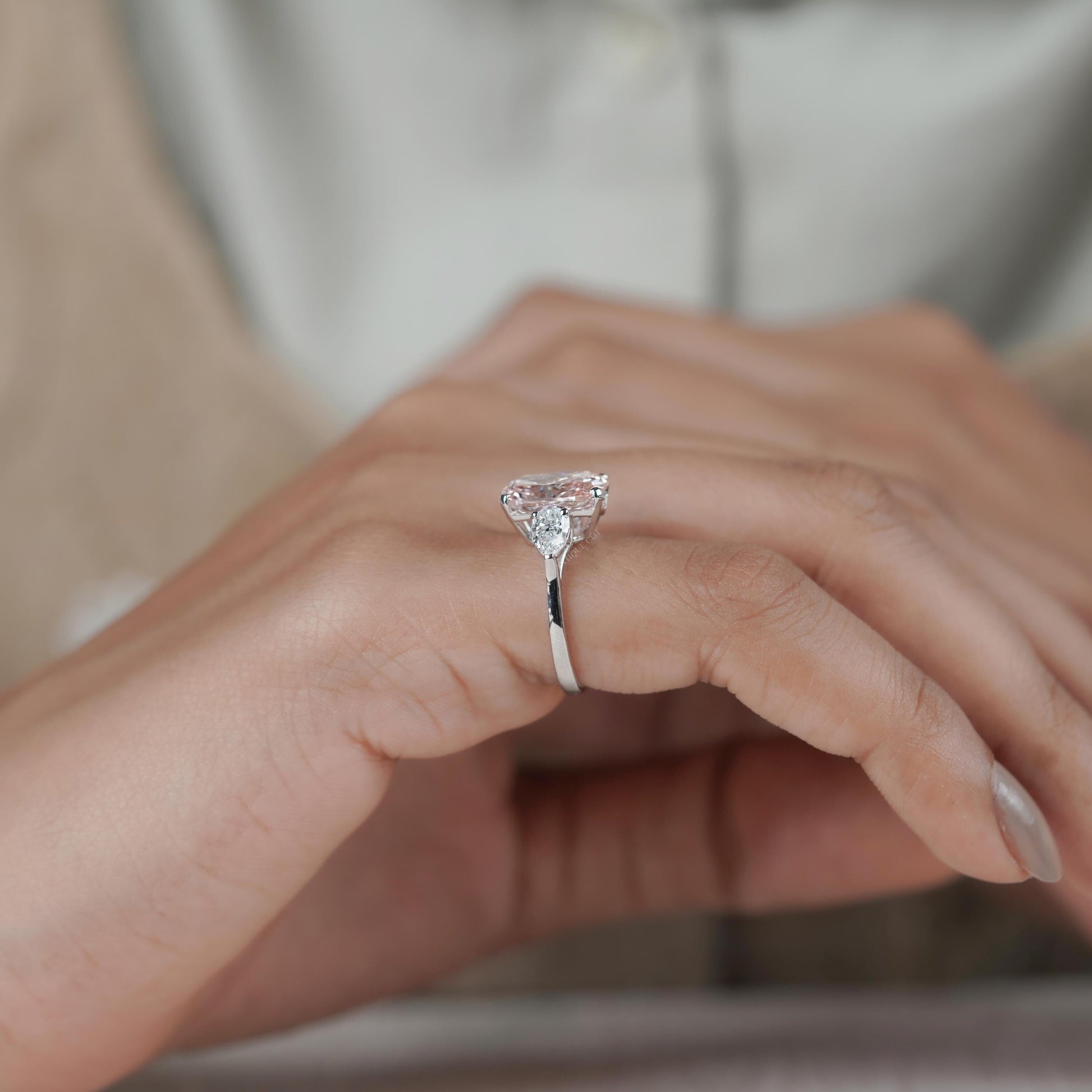 Fancy Pink Cushion 5.30tcw Lab Diamond Engagement Ring | Three Stone | IGI Certified