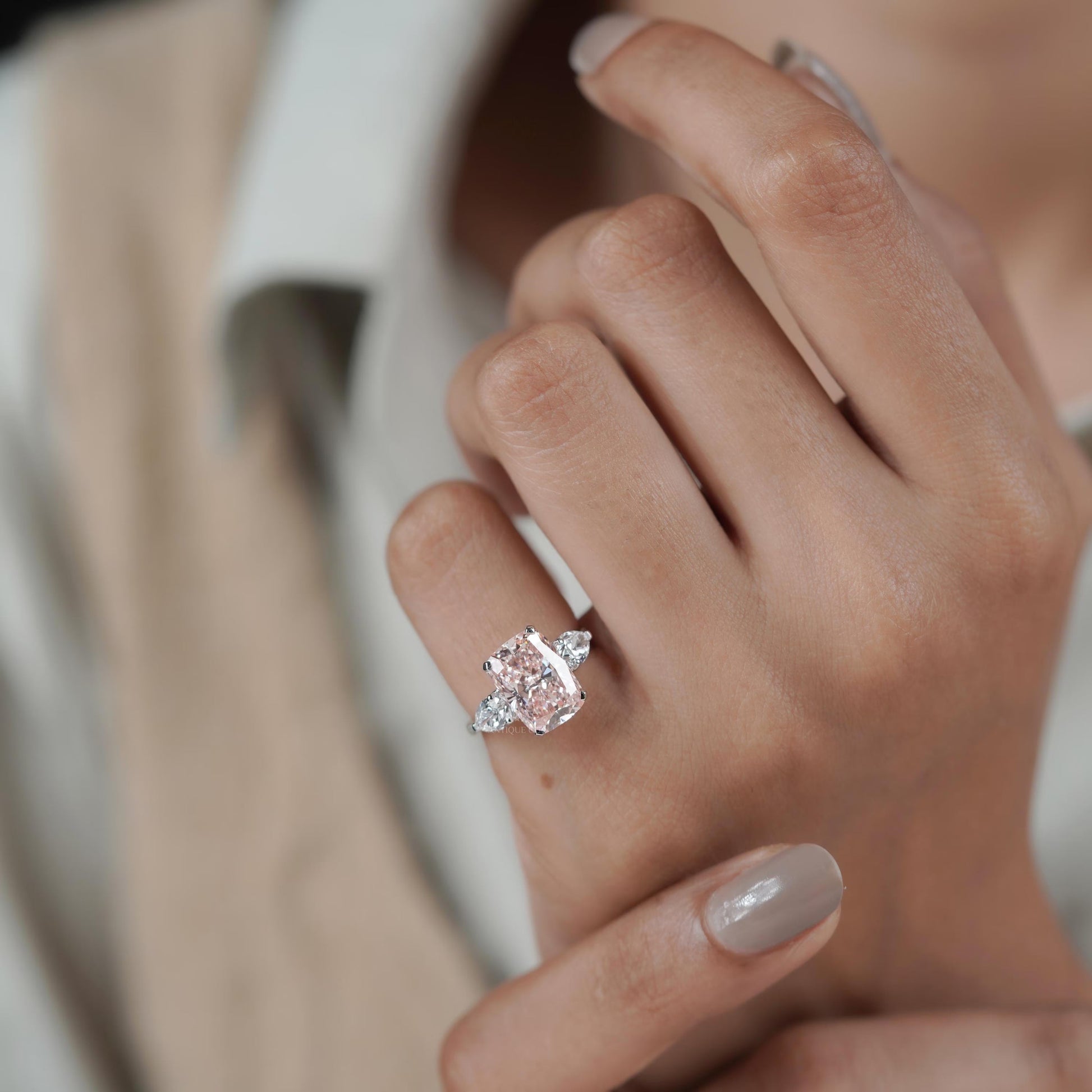 Fancy Pink Cushion 5.30tcw Lab Diamond Engagement Ring | Three Stone | IGI Certified