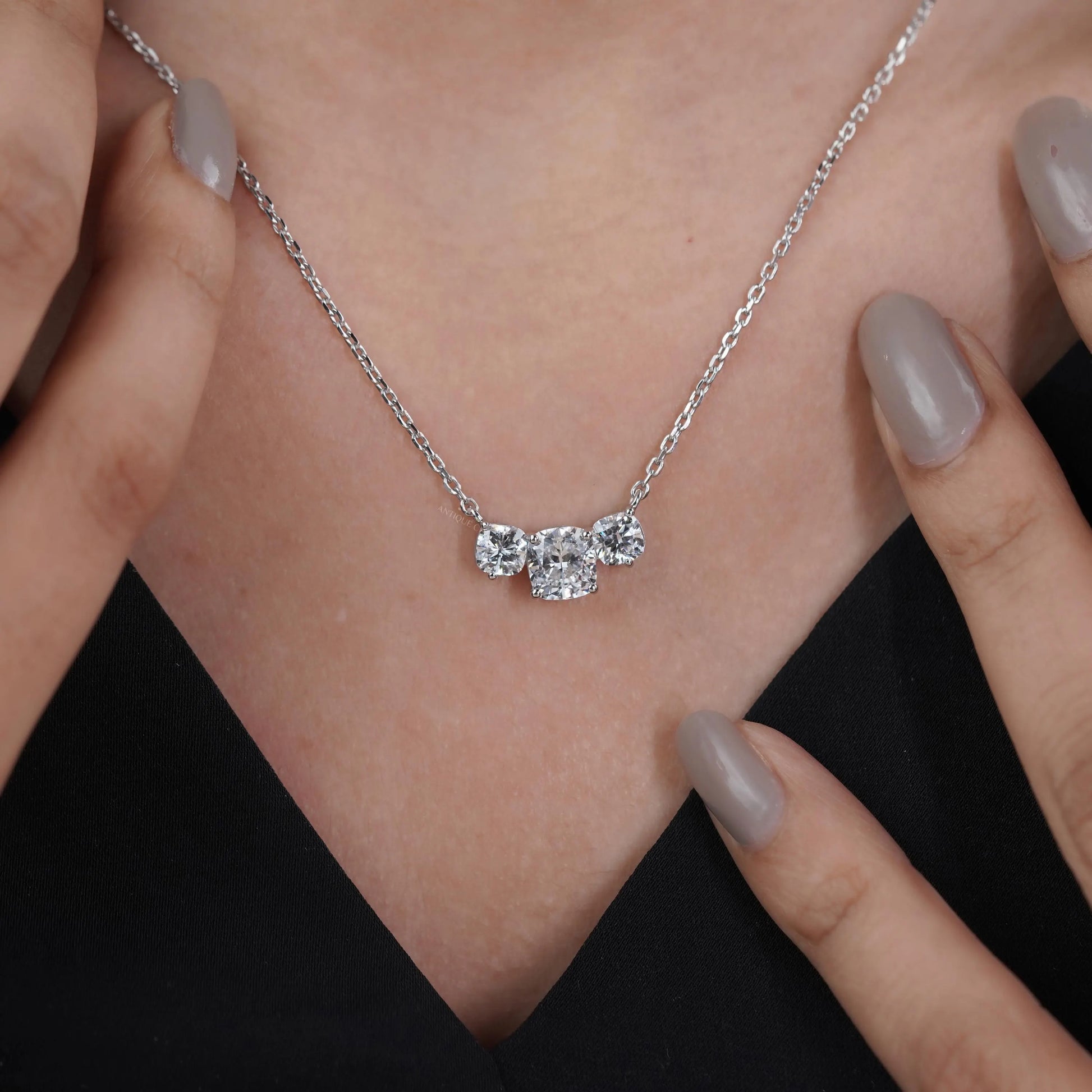 2.30tcw Cushion Cut Three Stone Lab Grown Diamond Pendant Necklace with Chain | IGI Certified | White Gold