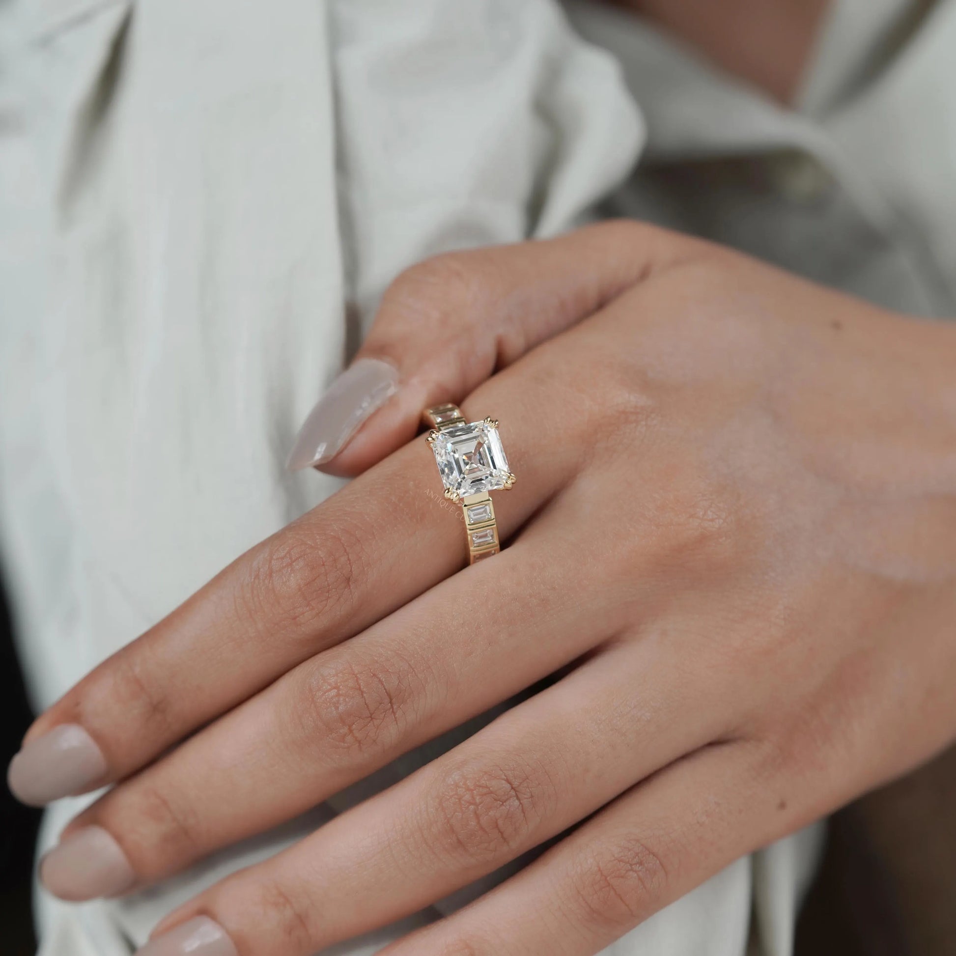 Asscher Cut 5.50tcw Lab Grown Diamond Engagement Ring | Yellow Gold Channel Set | IGI Certified