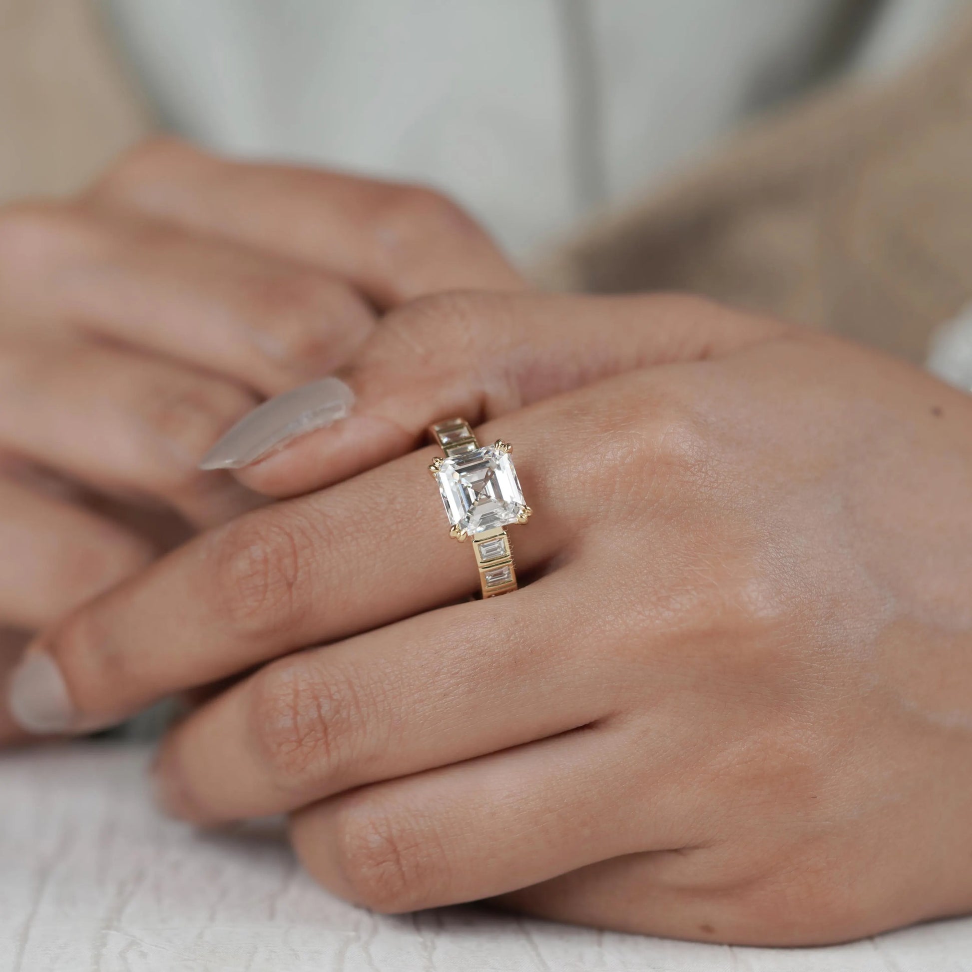 Asscher Cut 5.50tcw Lab Grown Diamond Engagement Ring | Yellow Gold Channel Set | IGI Certified