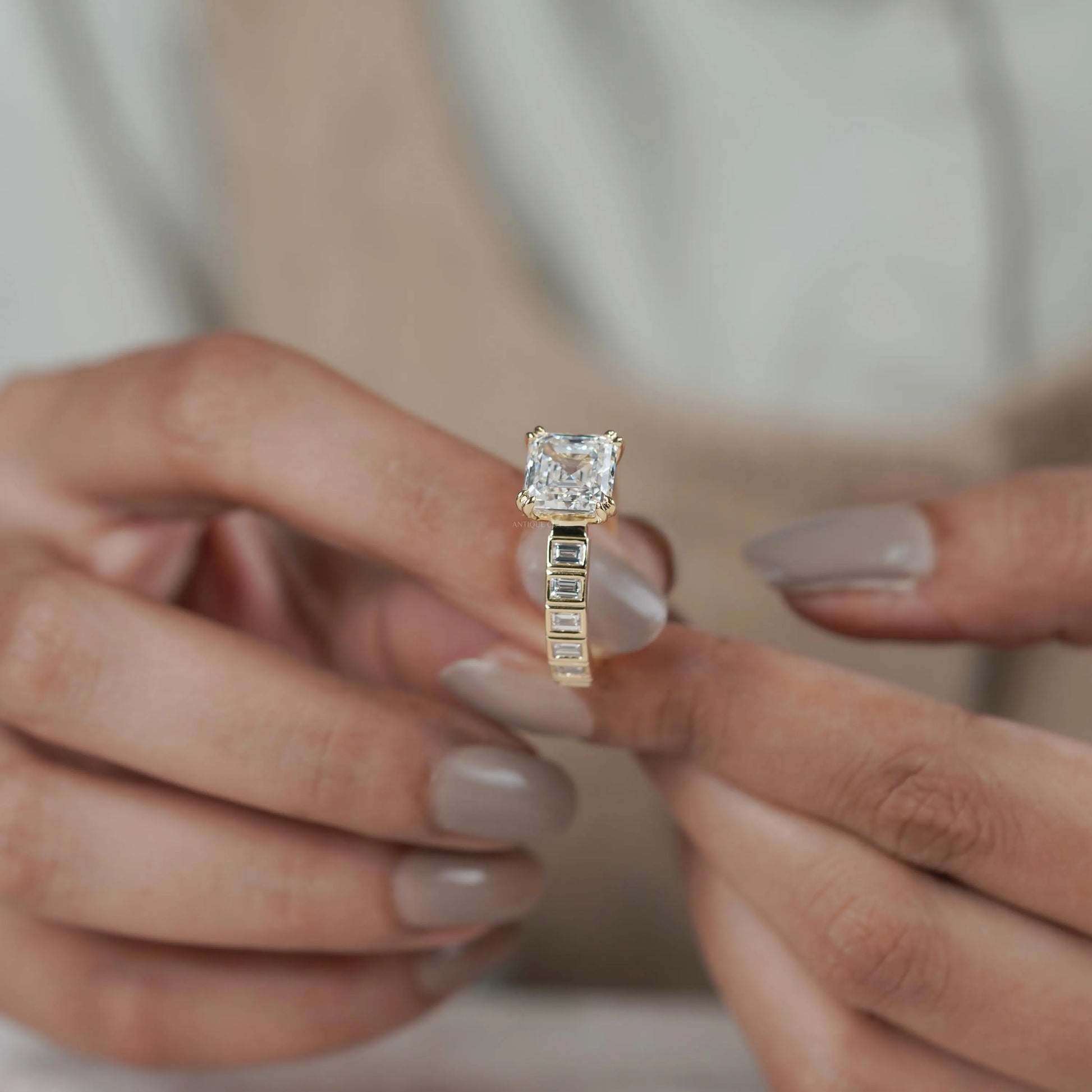 Asscher Cut 5.50tcw Lab Grown Diamond Engagement Ring | Yellow Gold Channel Set | IGI Certified