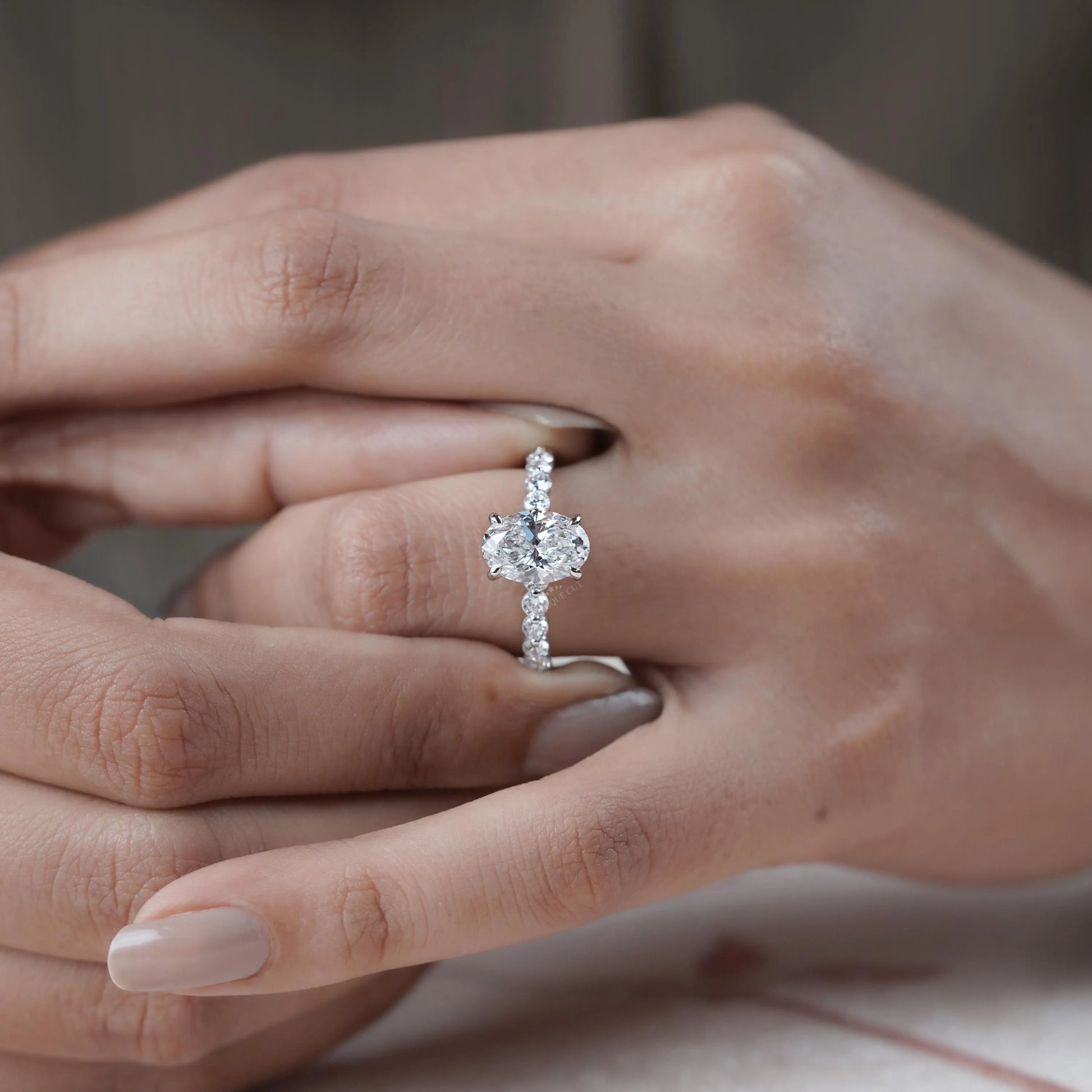 Oval 3.30tcw Lab Grown Diamond Engagement Ring | Hidden Halo & Side Stones | IGI Certified