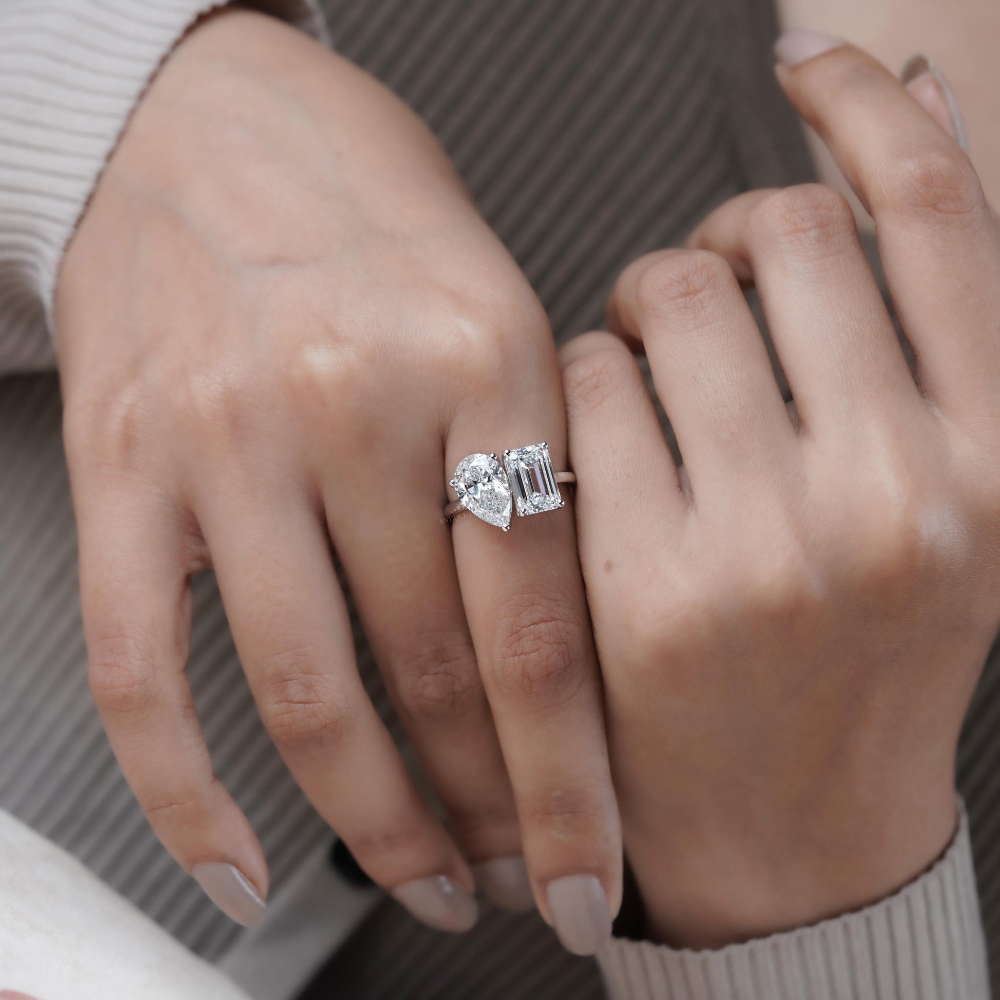 Emerald And Pear 6.00tcw Toi et Moi Lab Grown Diamond Engagement Ring | IGI Certified