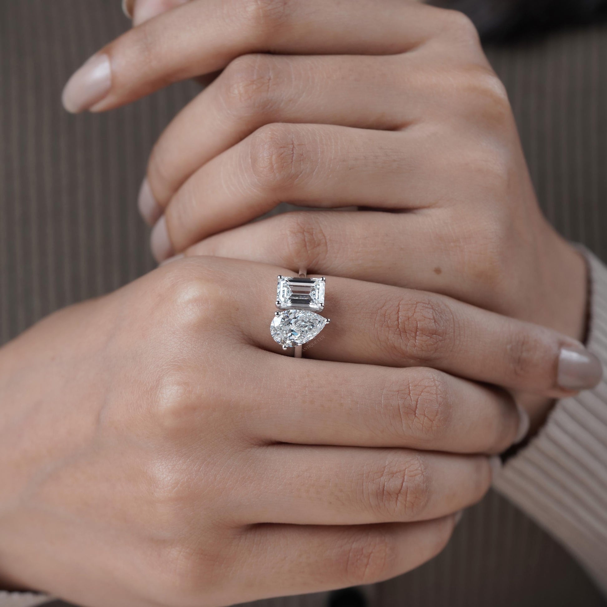 Emerald And Pear 6.00tcw Toi et Moi Lab Grown Diamond Engagement Ring | IGI Certified