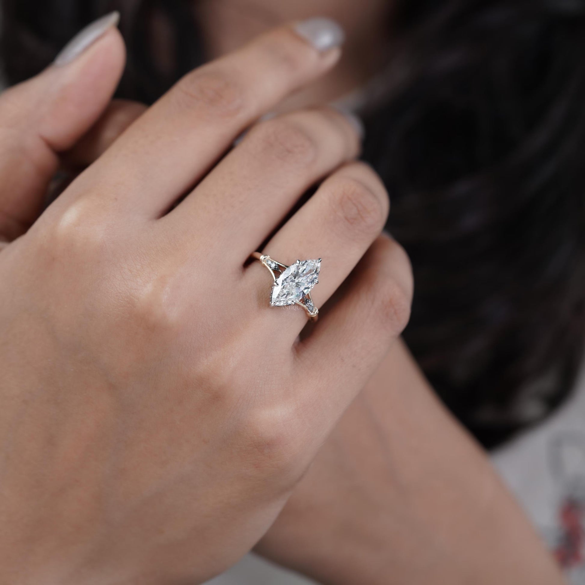Marquise Cut 2.70tcw Lab Grown Diamond Engagement Ring | Split Shank Vintage Design | IGI Certified