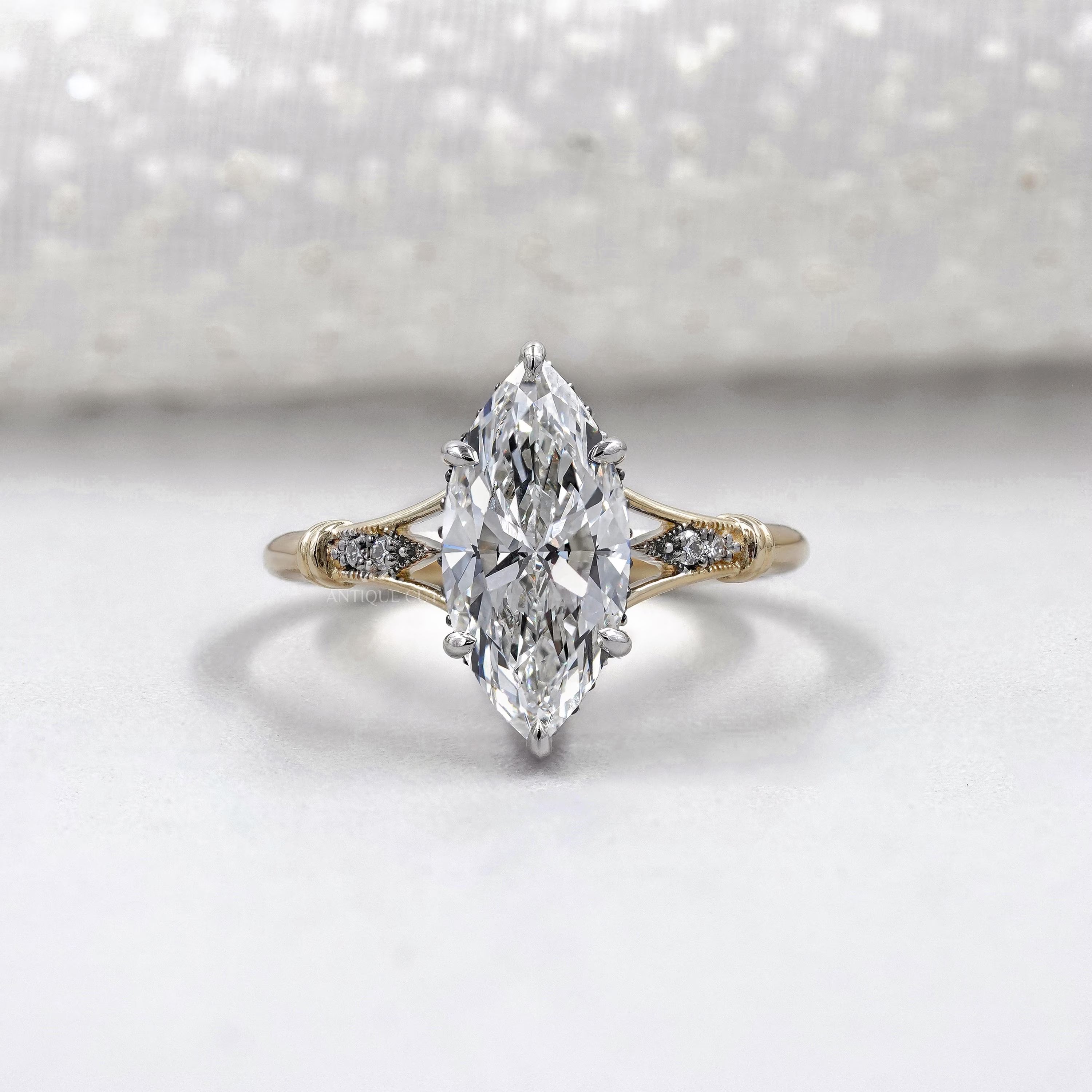 Marquise Cut 2.70tcw Lab Grown Diamond Engagement Ring | Split Shank Vintage Design | IGI Certified
