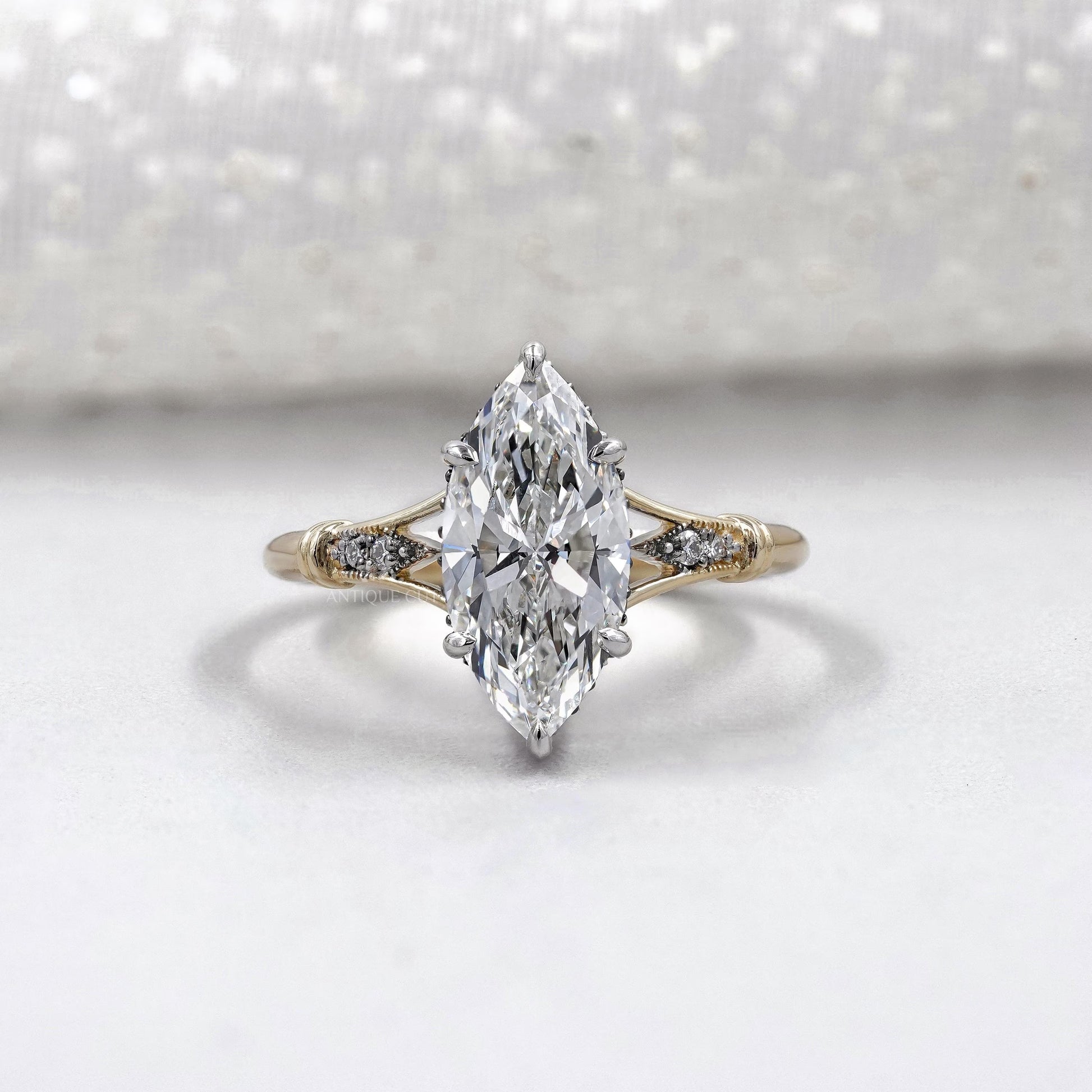 Marquise Cut 2.70tcw Lab Grown Diamond Engagement Ring | Split Shank Vintage Design | IGI Certified