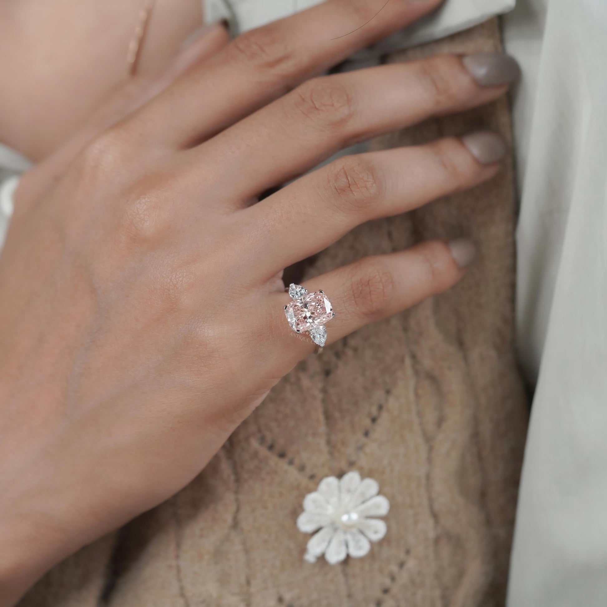 Fancy Pink Cushion 5.30tcw Lab Diamond Engagement Ring | Three Stone | IGI Certified