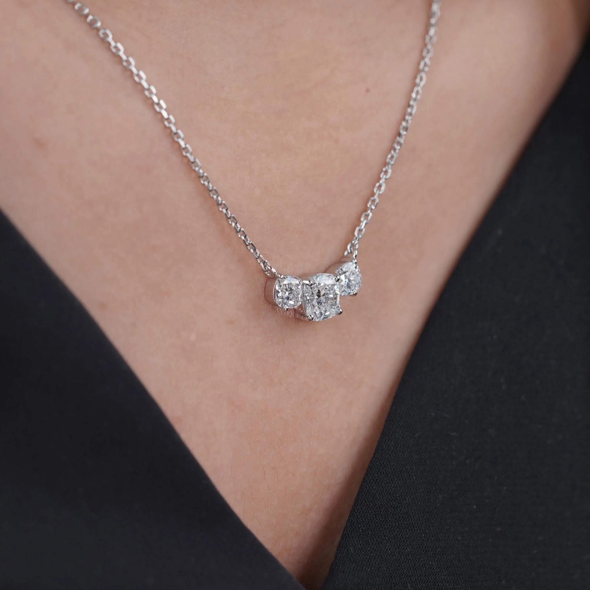 2.30tcw Cushion Cut Three Stone Lab Grown Diamond Pendant Necklace with Chain | IGI Certified | White Gold