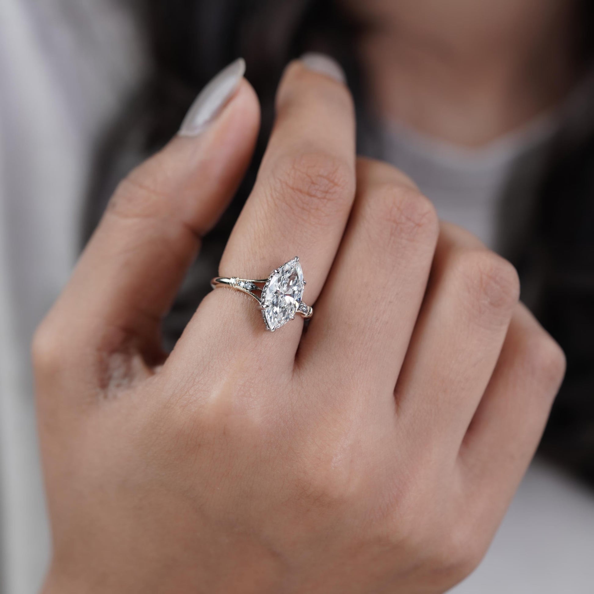 Marquise Cut 2.70tcw Lab Grown Diamond Engagement Ring | Split Shank Vintage Design | IGI Certified